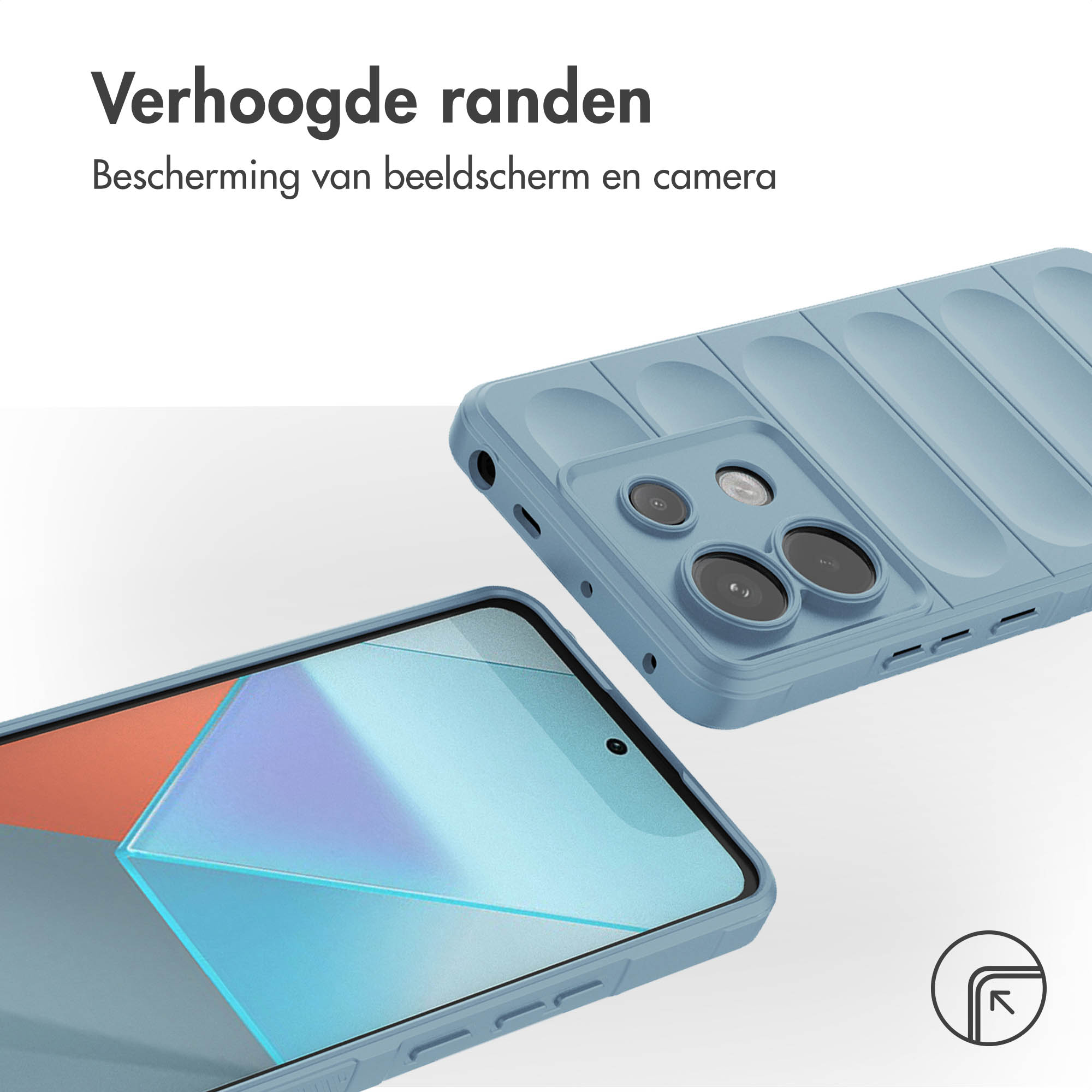 Telefoonhoesje met verhoogde randen. Twee telefoonmodellen worden getoond, één in de hoes, één apart.