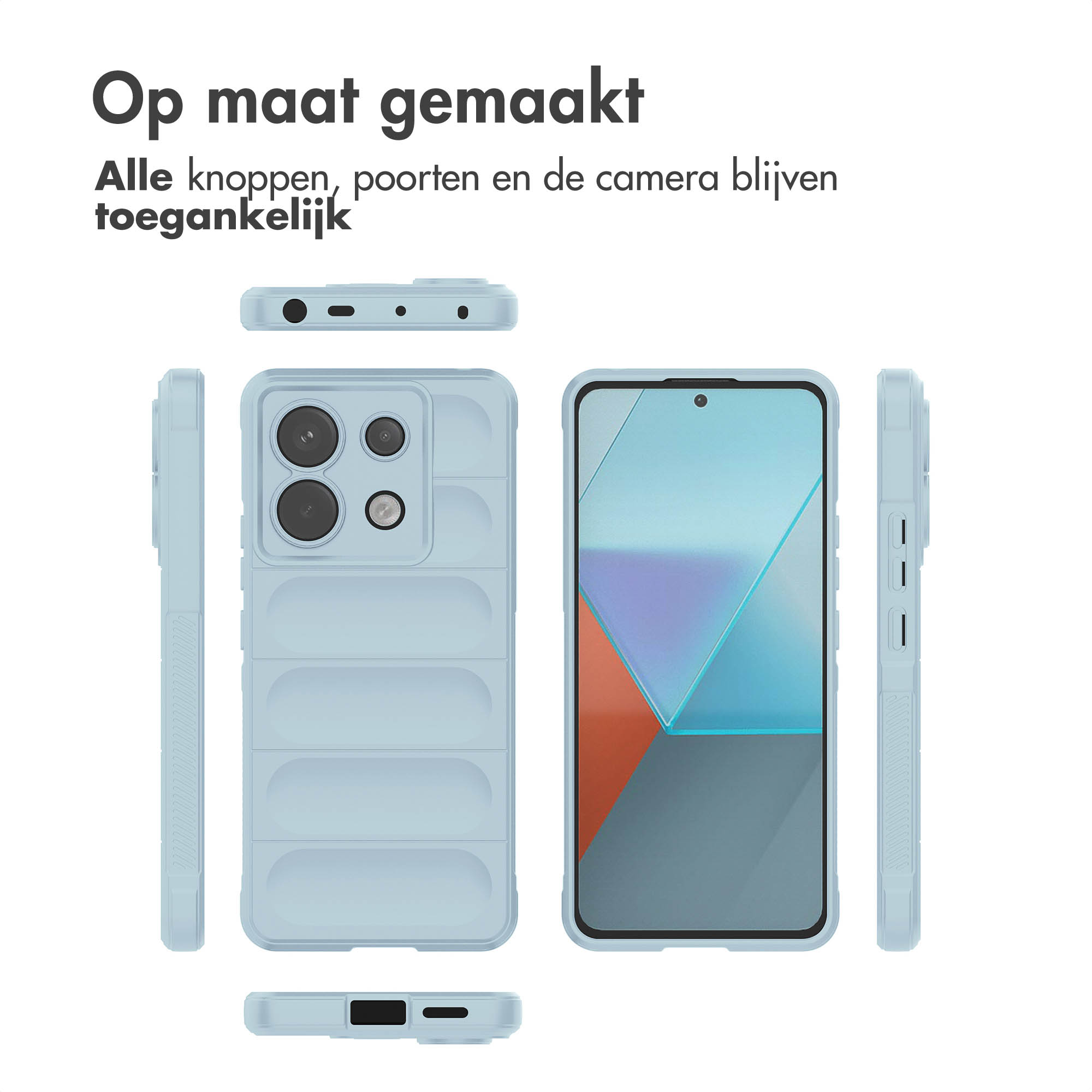 Verschillende weergaven van een lichtblauwe telefoonhoes. De tekst zegt op maat gemaakt, alle knoppen en camera toegankelijk.