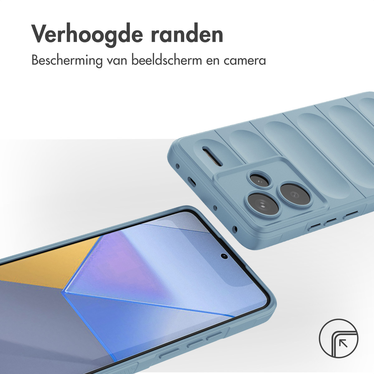 Blauw telefoonhoesje met verhoogde randen, een camera en telefoon zichtbaar.