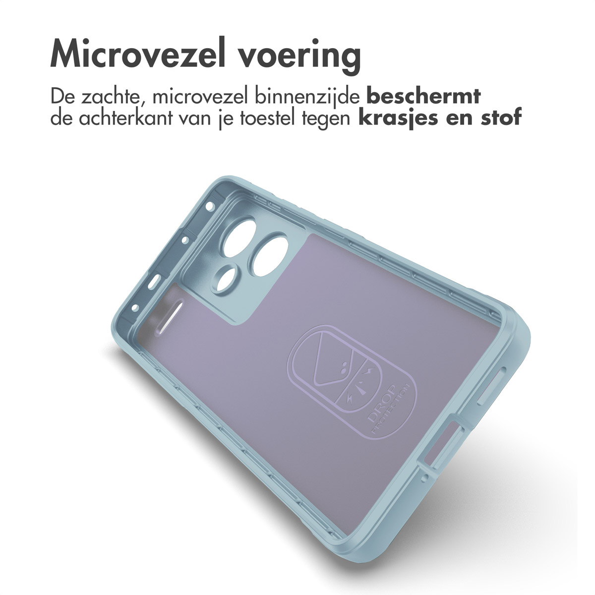 Blauwe telefoonhoes, open, met een telefoon erin. Toont het Drop Protection-logo en microvezelinterieur.