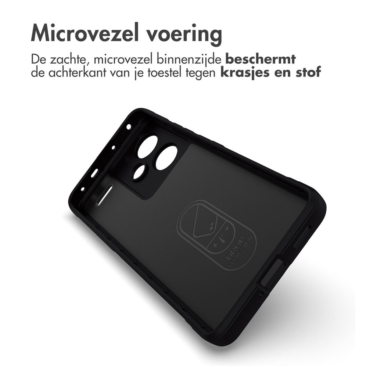 Een zwarte telefoonhoes met een telefoon erin, witte achtergrond.