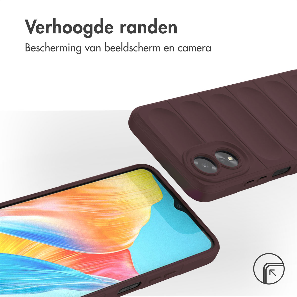 Coque de téléphone avec bords surélevés. Deux modèles de téléphone sont présentés, un dans la coque, un séparé.
