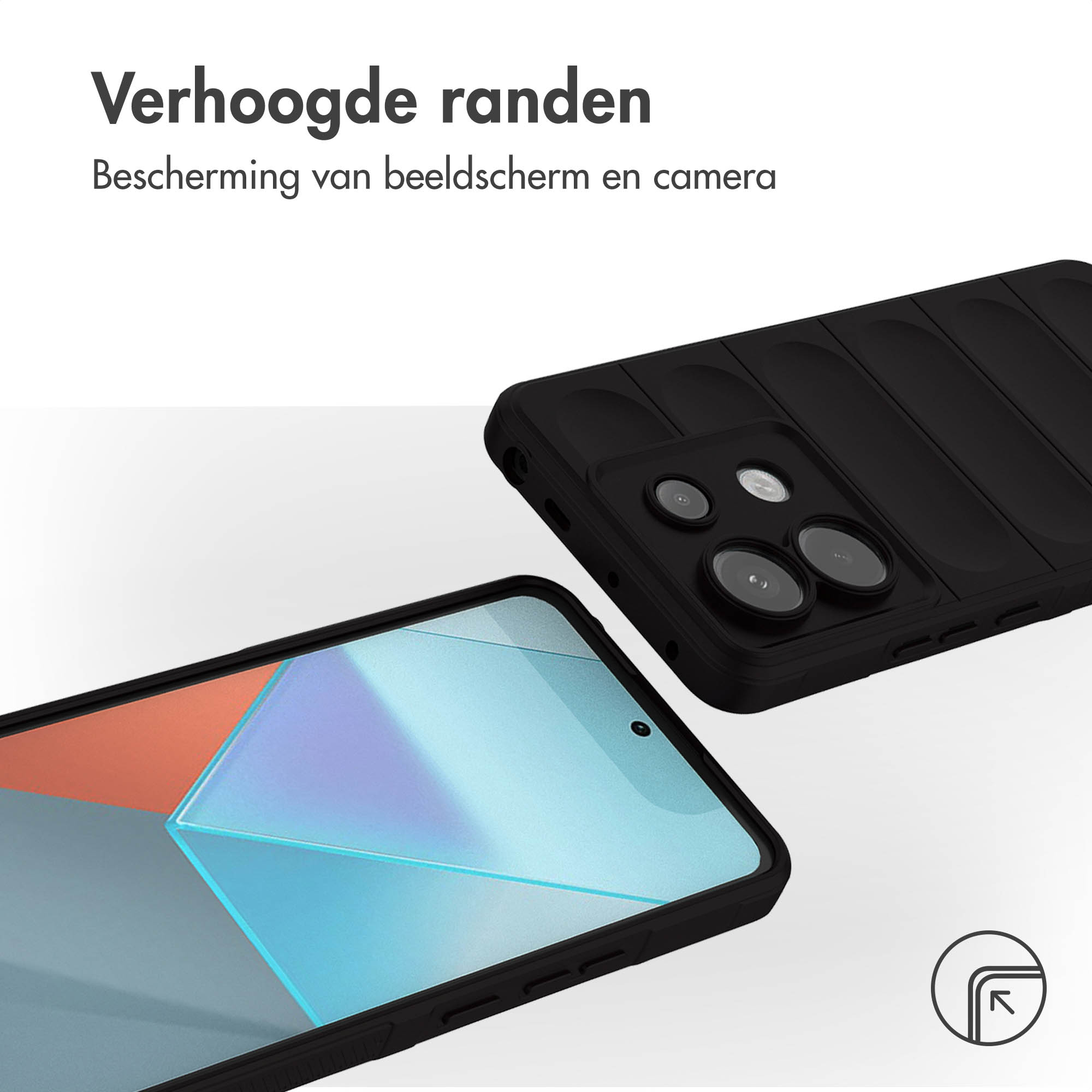 Zwarte telefoonhoes met verhoogde randen, met een telefoon links met een scherm.