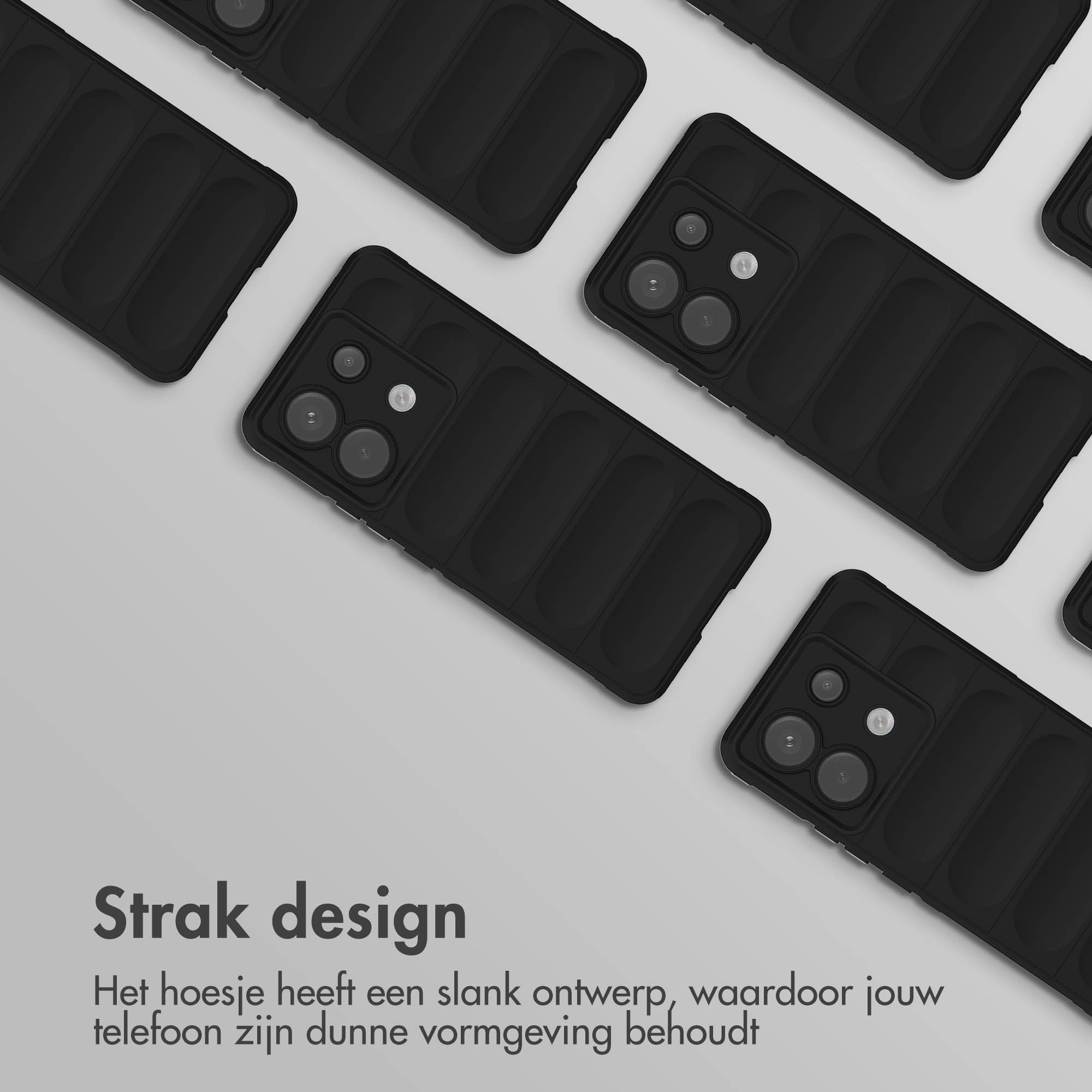 Zwarte telefoonhoesjes op een oppervlak. De tekst luidt: Strak design, lichte grijze achtergrond.