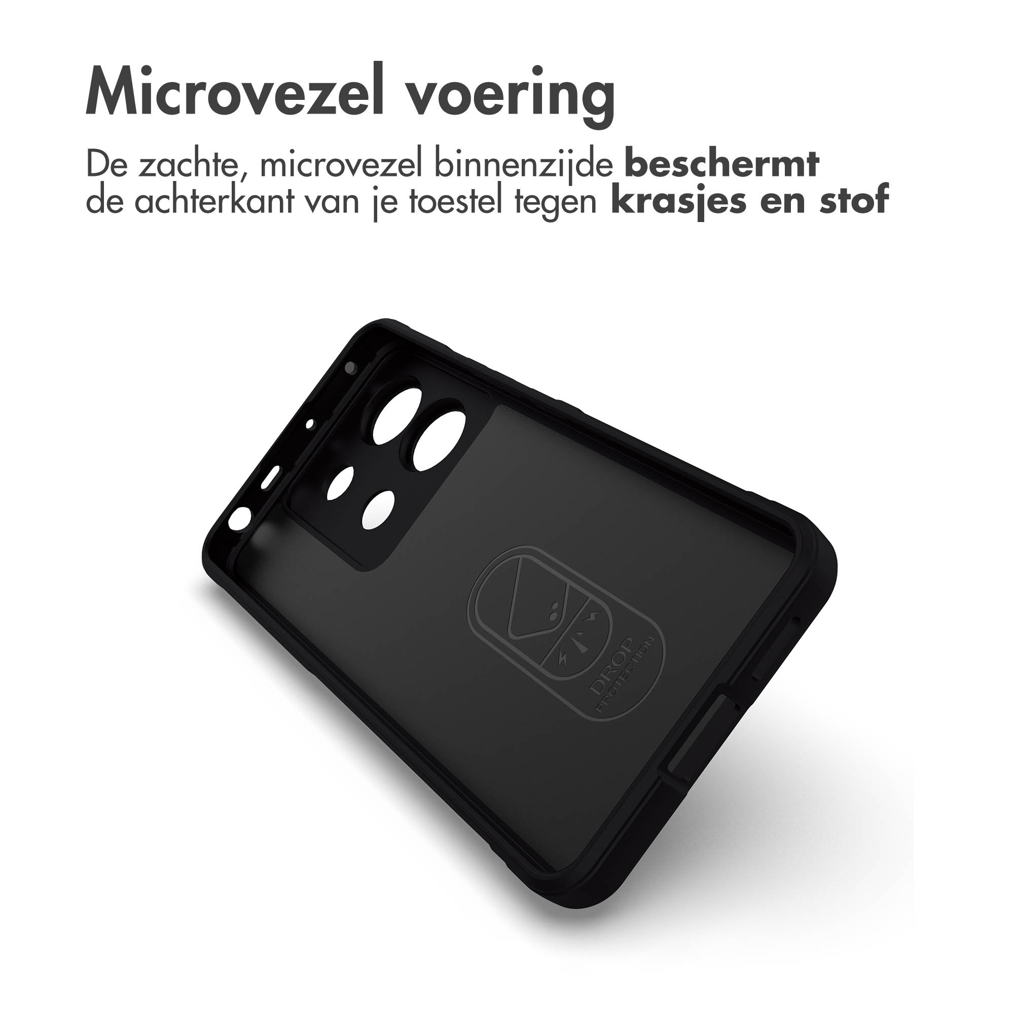 Een telefoonhoesje, zwart, open, met het camera gebied van een telefoon.