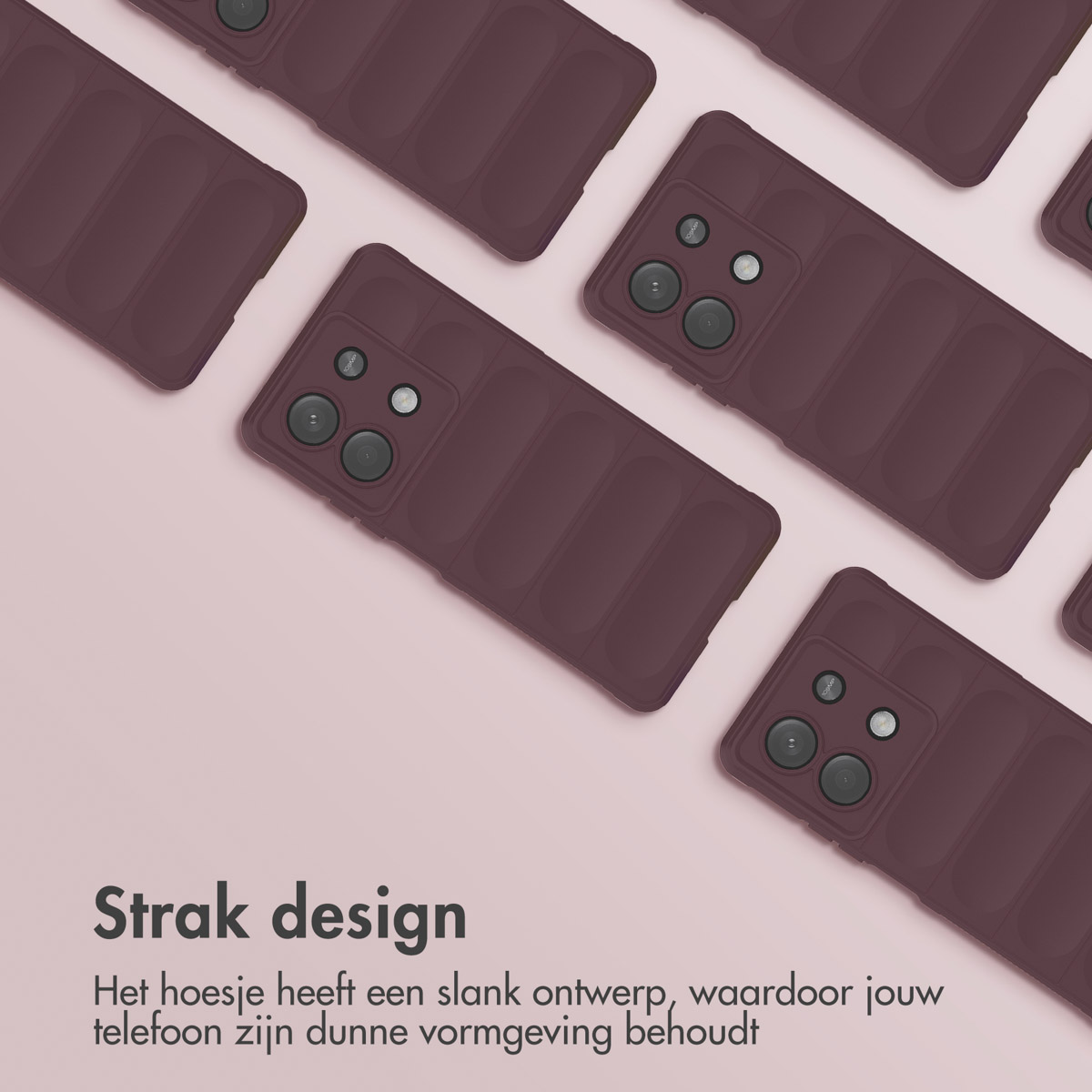 Meerdere bordeaux telefoonhoesjes gerangschikt. Tekst: 'Strak design'.