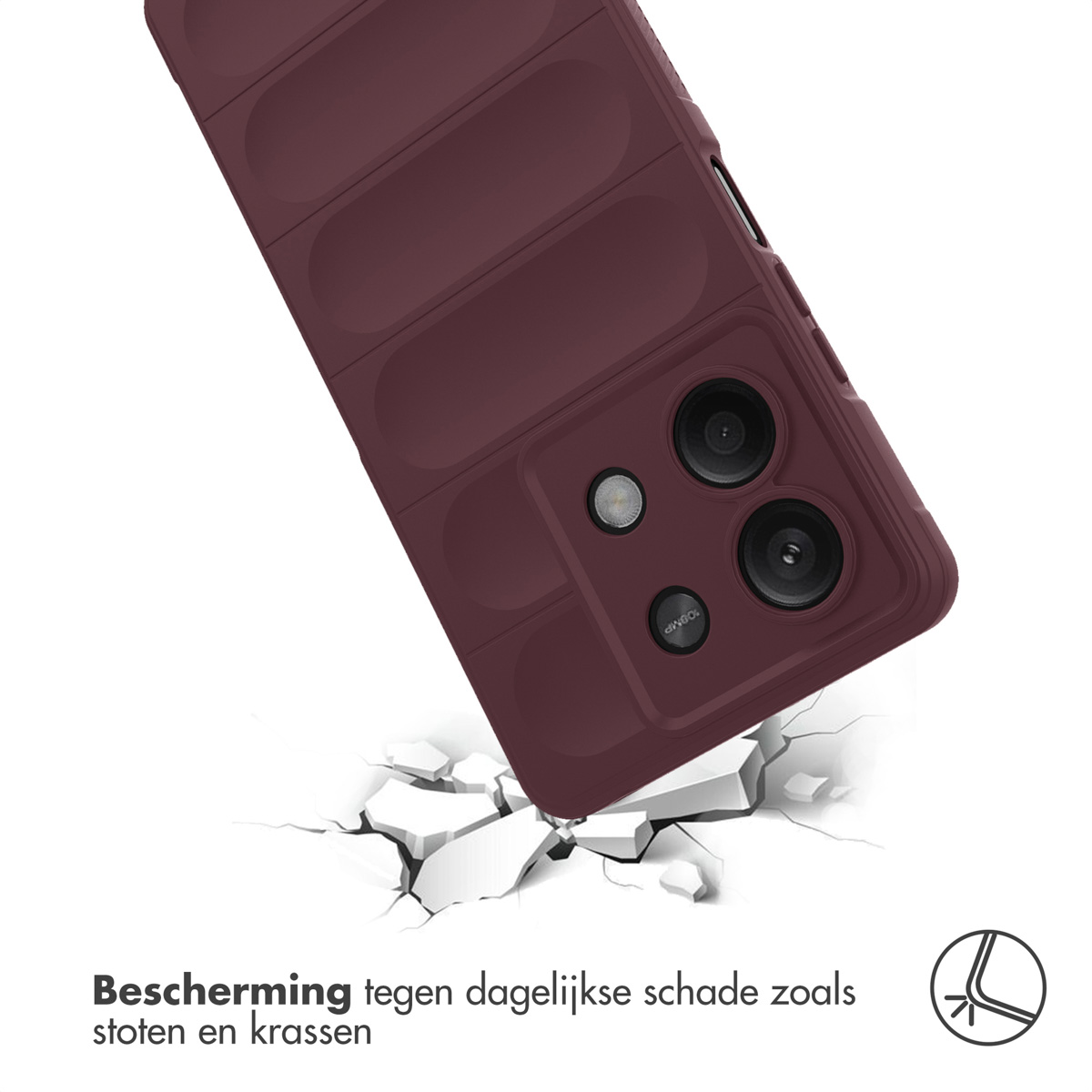 Telefoonhoes met een cameramodule. Tekst: Bescherming tegen dagelijkse schade. Kastanjebruine hoes.