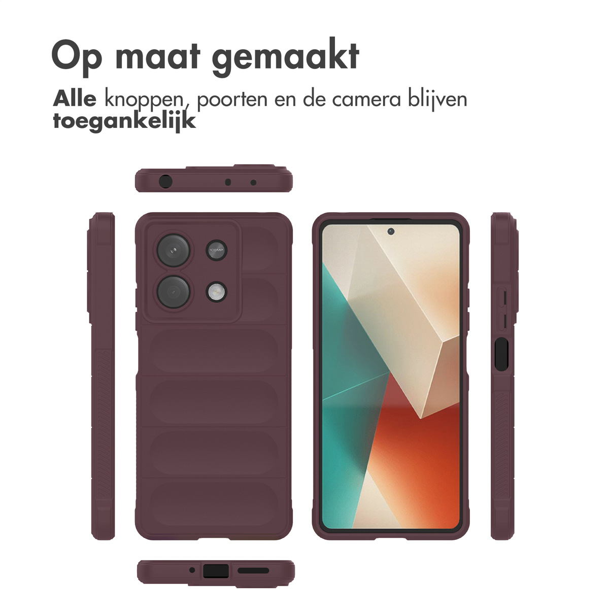 Bordeaux telefoonhoesje met uitsparingen voor knoppen, poorten en camera.
