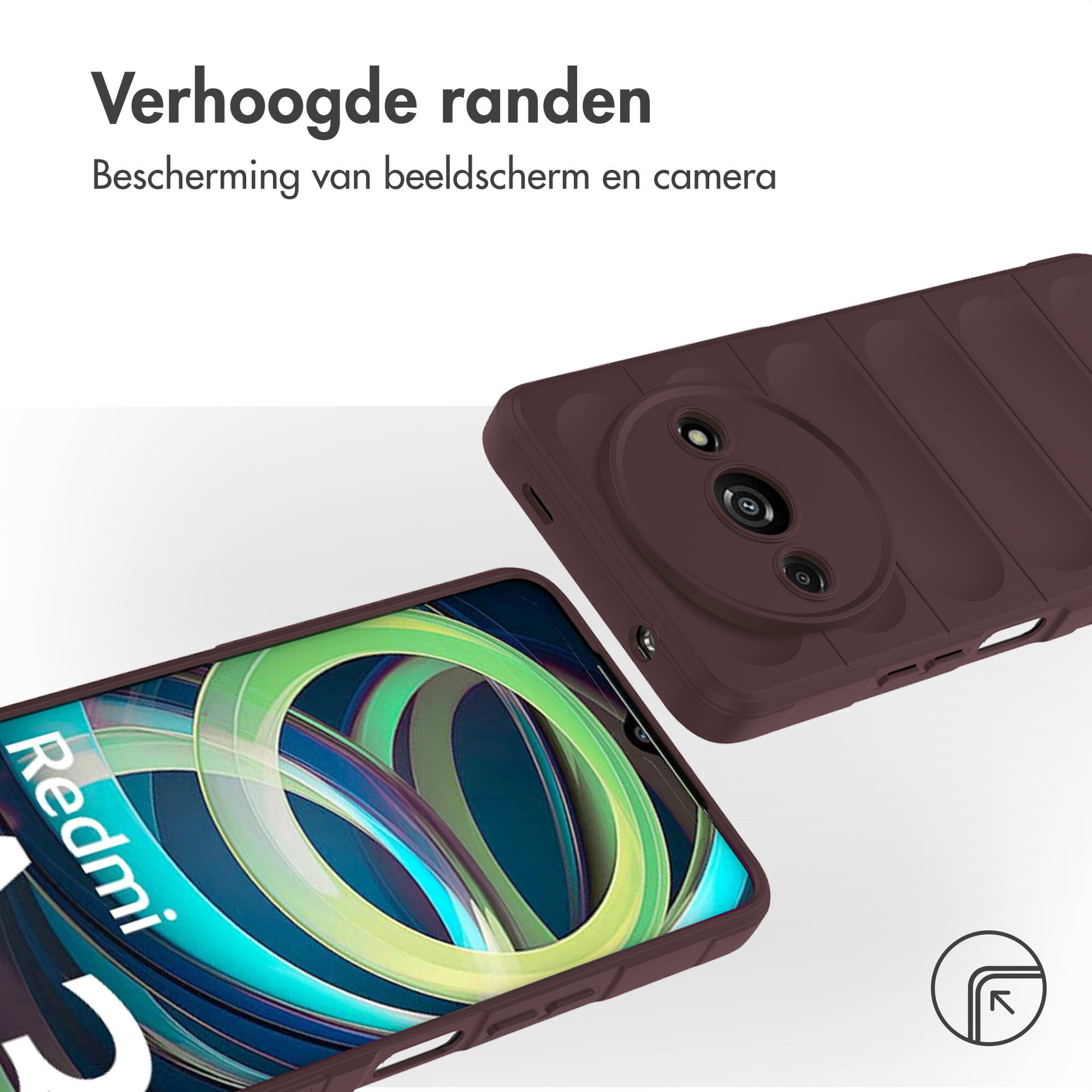 Bordeaux telefoonhoes met telefoon, close-up. Tekst: 'Verhoogde randen'.