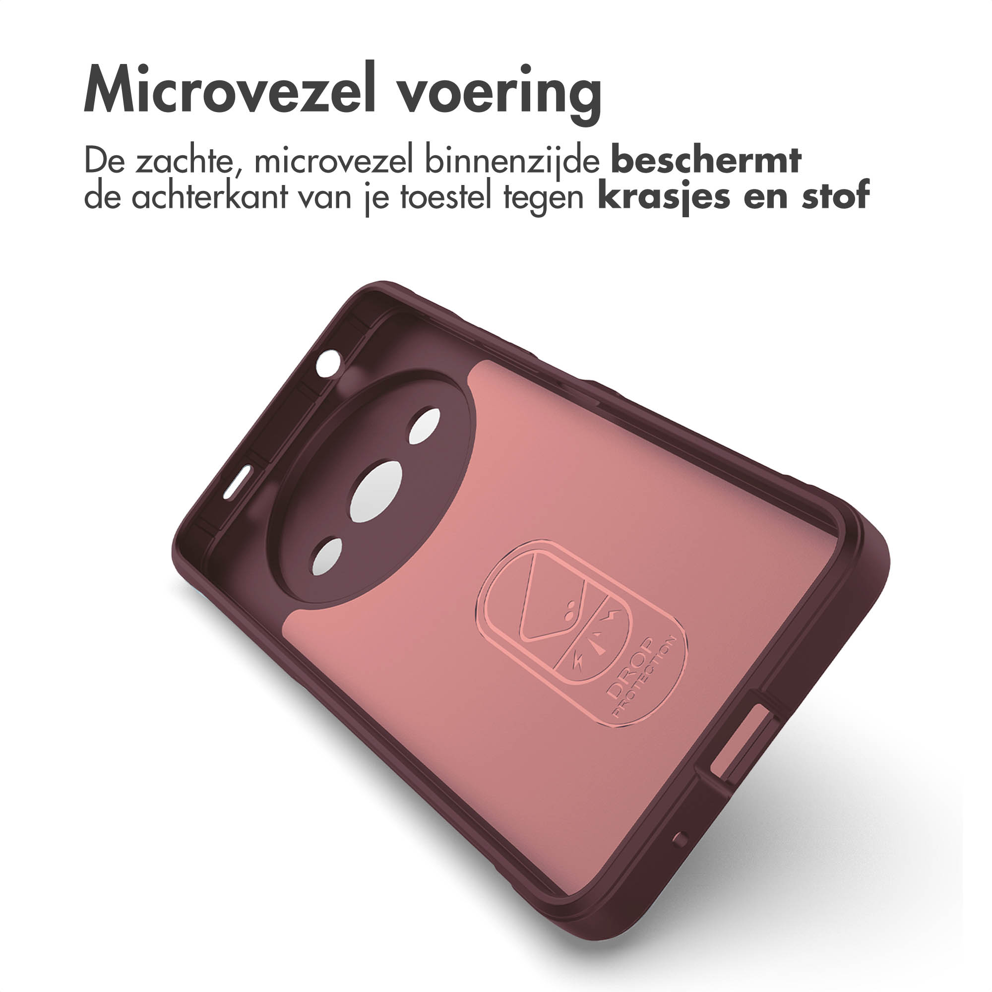Binnenkant van de telefoonhoes. De hoes is bruin met de merknaam zichtbaar.