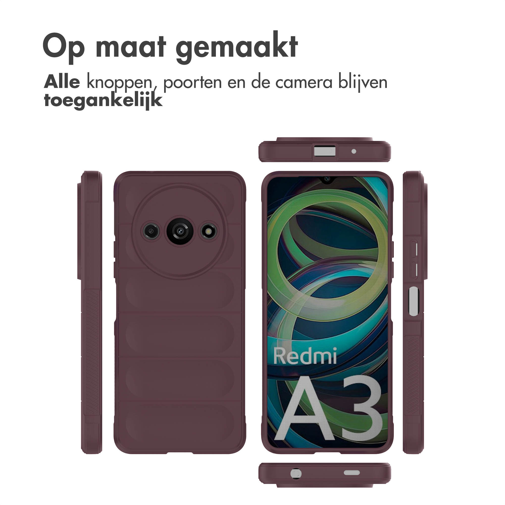 Telefoonhoes met telefoon erin, verschillende hoeken. Kastanjebruine kleur, witte achtergrond. Tekst: Redmi A3.