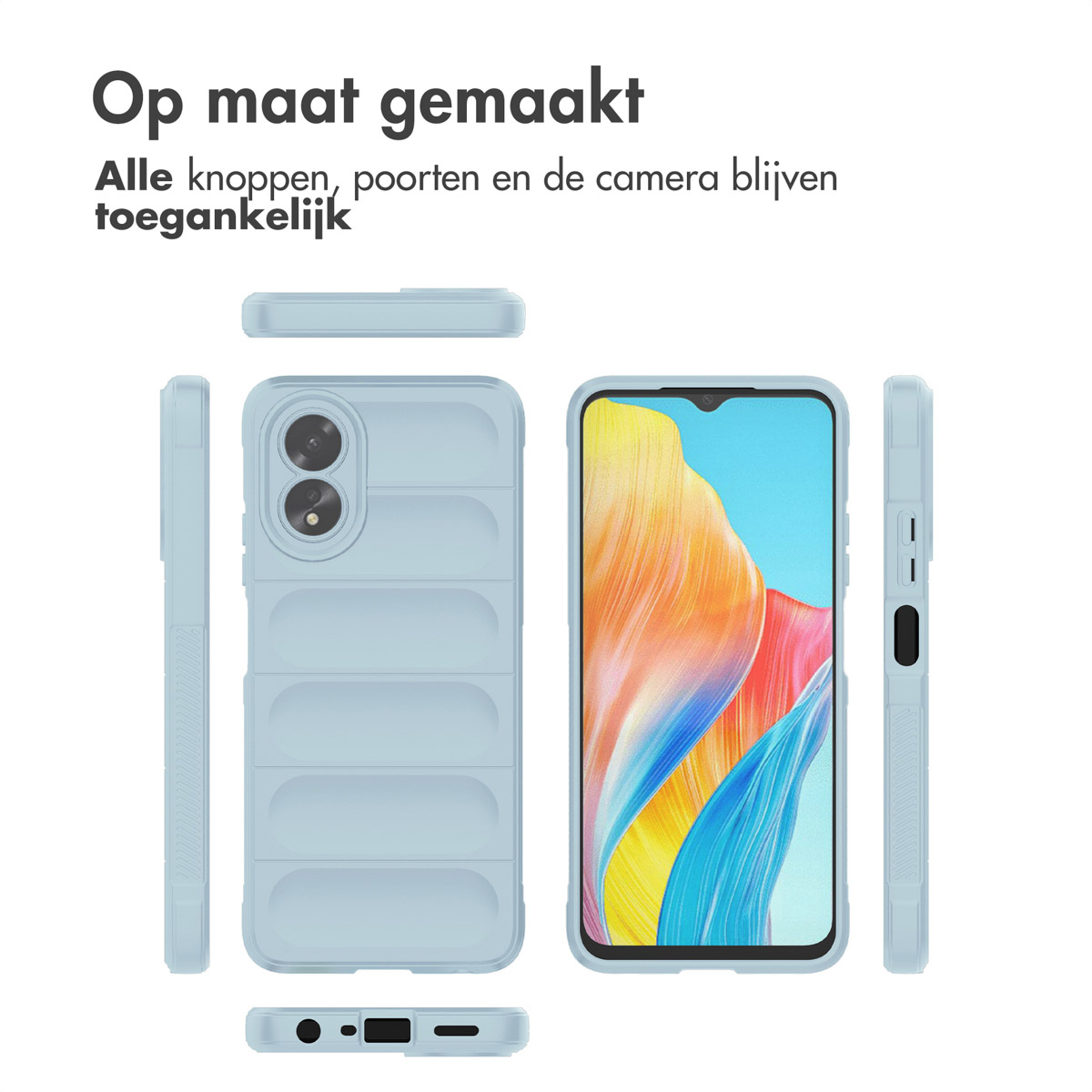 Coque de téléphone bleu clair avec boutons et caméra ouverts, avec écran coloré. Le fond est blanc.