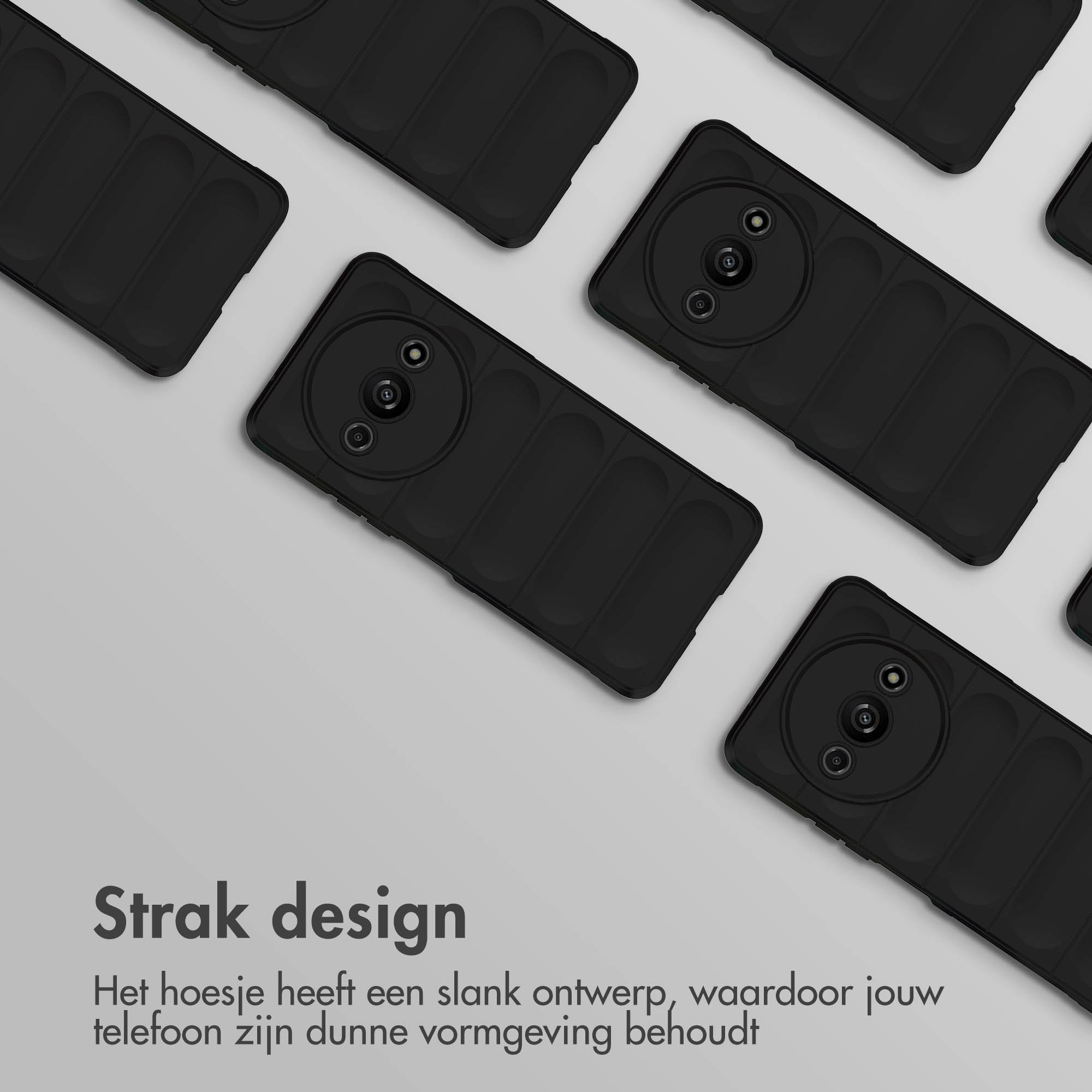 Coques de téléphone noires, vue de dessus. Motif répétitif sur un fond gris clair. Texte en bas.