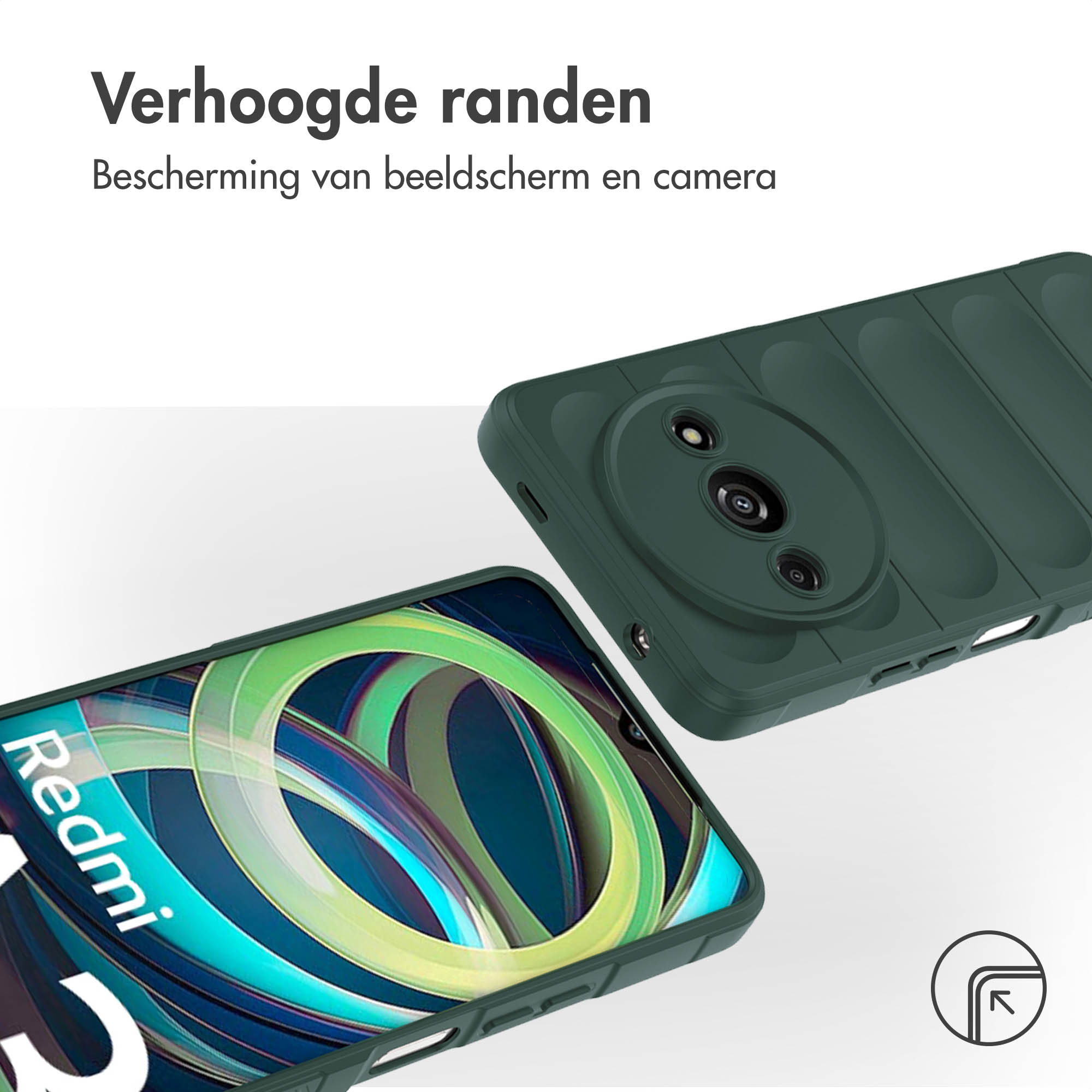 Groene telefoonhoes met Redmi-logo. Tekst: Verhoogde randen.