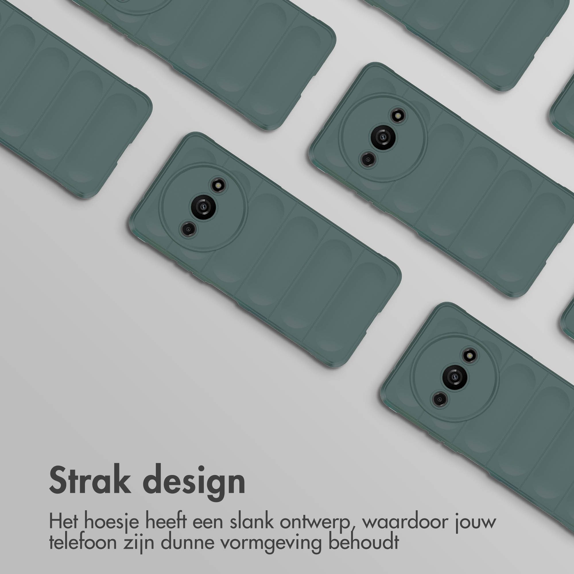 Groene telefoonhoesjes in een rasterpatroon op een grijze achtergrond. Hoesjes hebben een camera en een textuur.