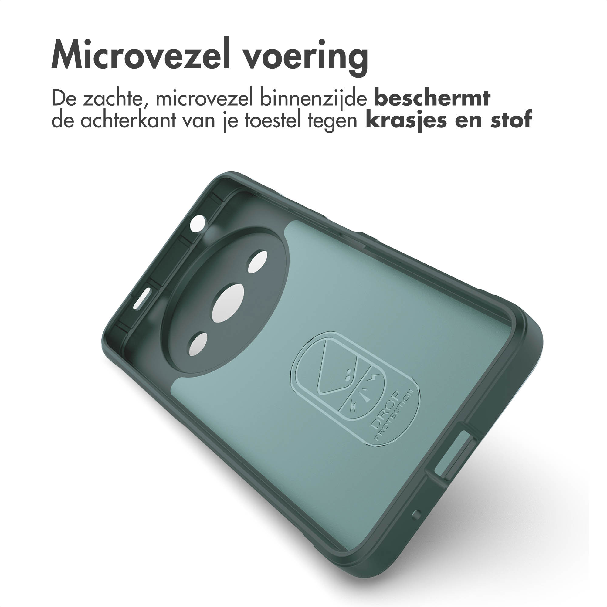 Open telefoonhoesje interieur. Groen plastic met een cameragat en een logo.