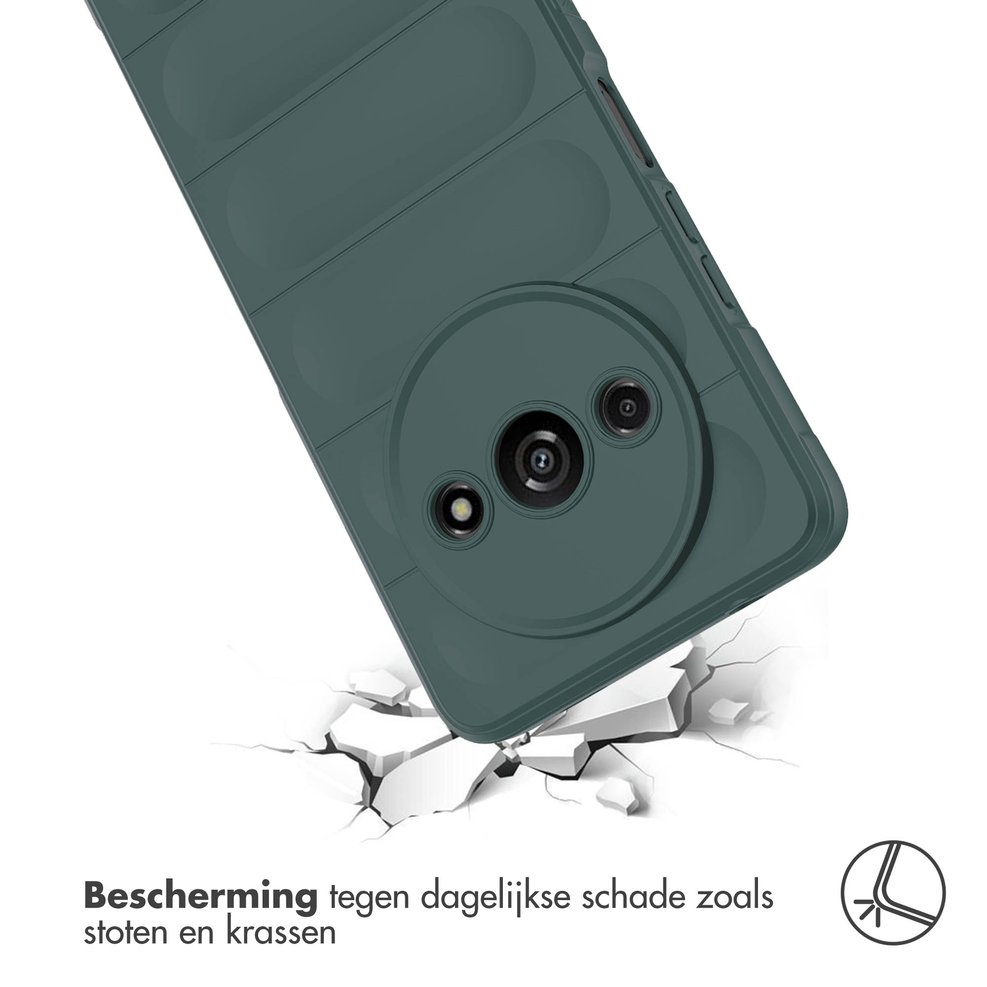 Telefoonhoes met een cameramodule. Tekst: Bescherming tegen dagelijkse schade. Groene hoes.
