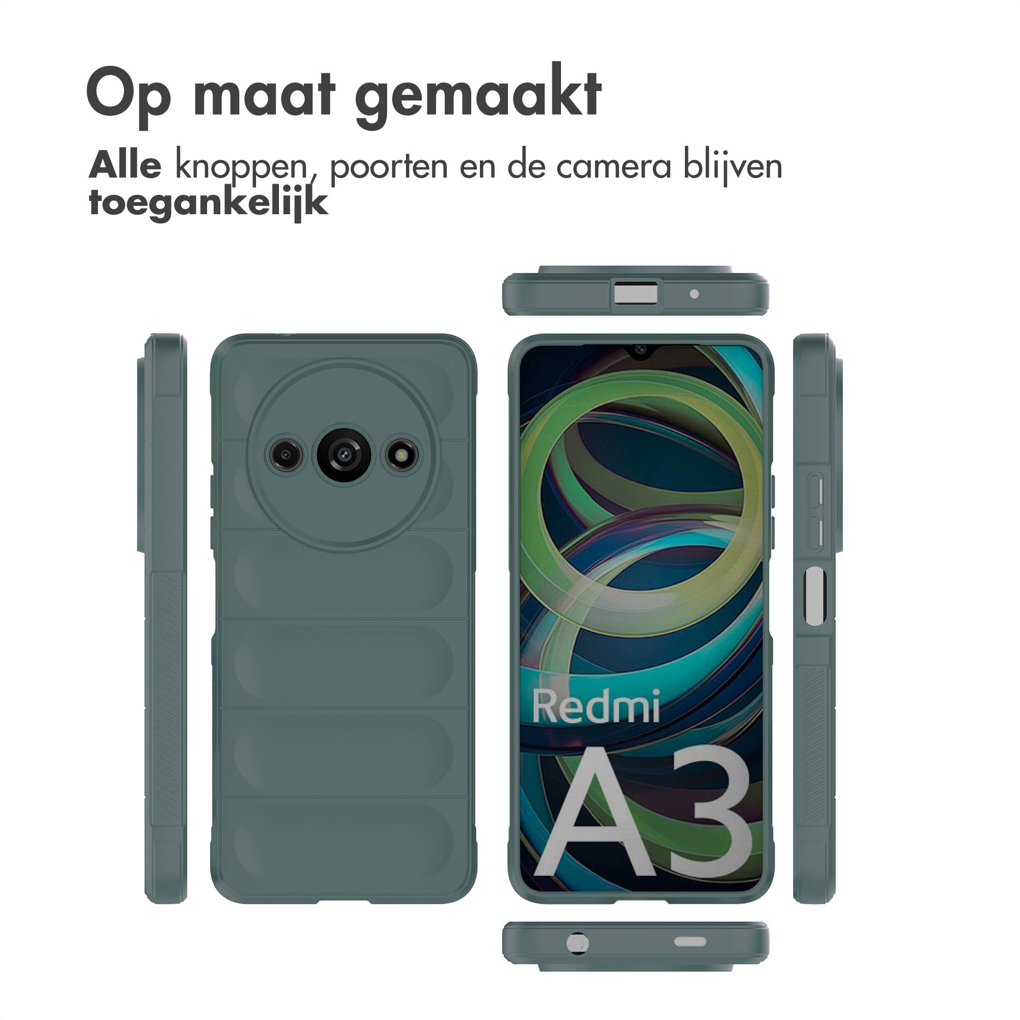 Verschillende weergaven van een groene telefoonhoes. De Redmi A3-telefoon is zichtbaar. De camera en knoppen zijn toegankelijk.