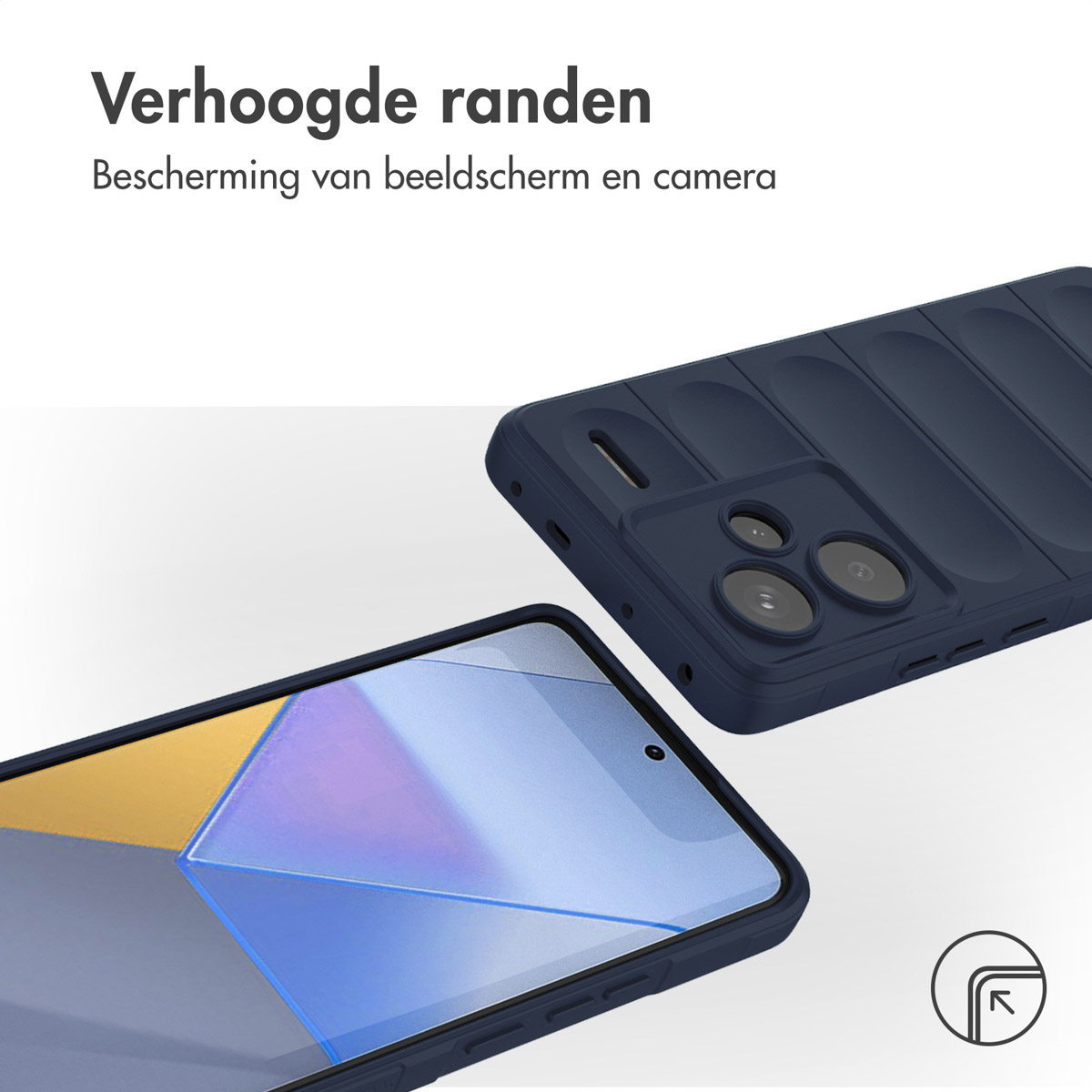 Telefoonhoes en telefoon met scherm. Tekst: Verhoogde randen. Blauwe hoes en telefoonscherm.