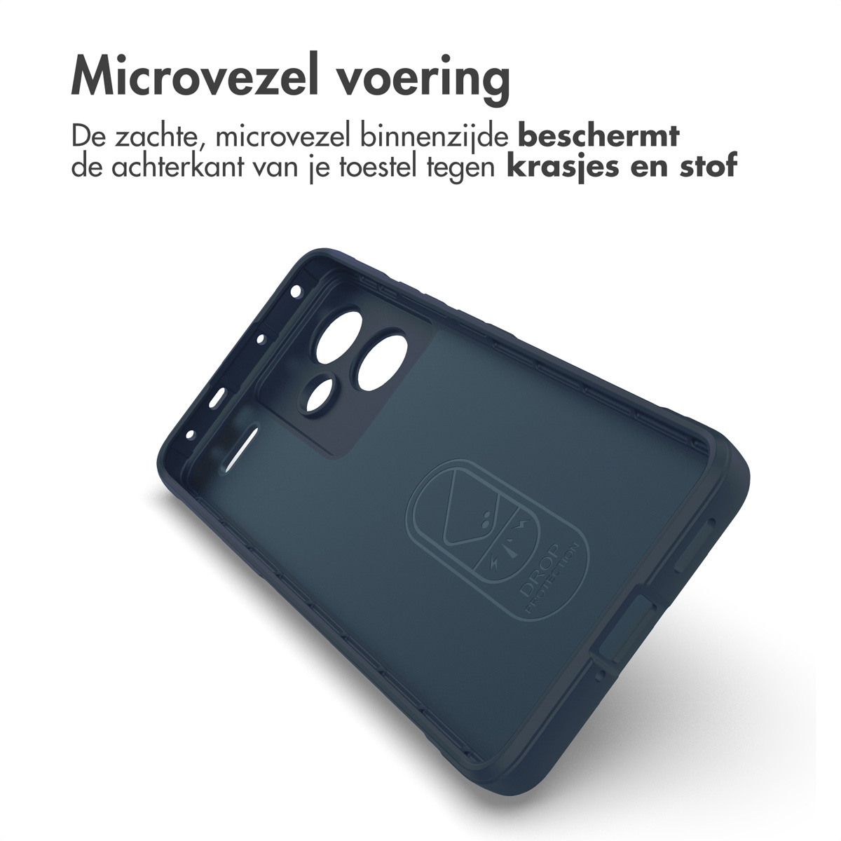 Blauwe telefoonhoes binnenkant. Uitsparingen voor camera en knoppen. Binnenin staat 'DROP TESTED'.