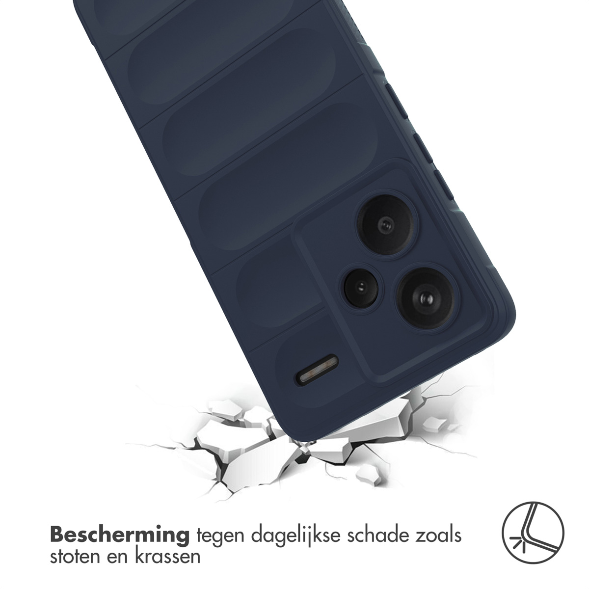 Een marineblauwe telefoonhoes valt op een gebarsten wit oppervlak. Tekst: Bescherming tegen dagelijkse schade.