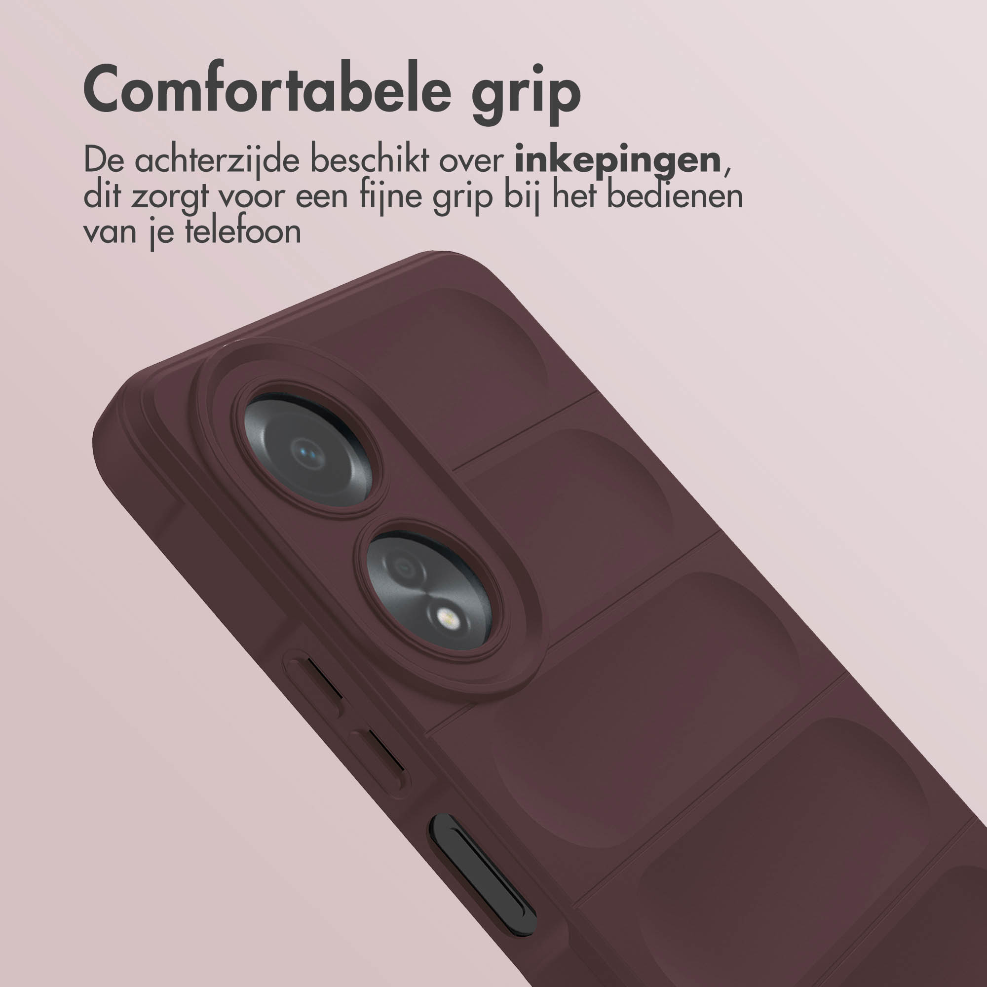 Bordeauxrode telefoonhoes met camera-uitsparingen. Tekst: Comfortabele grip.