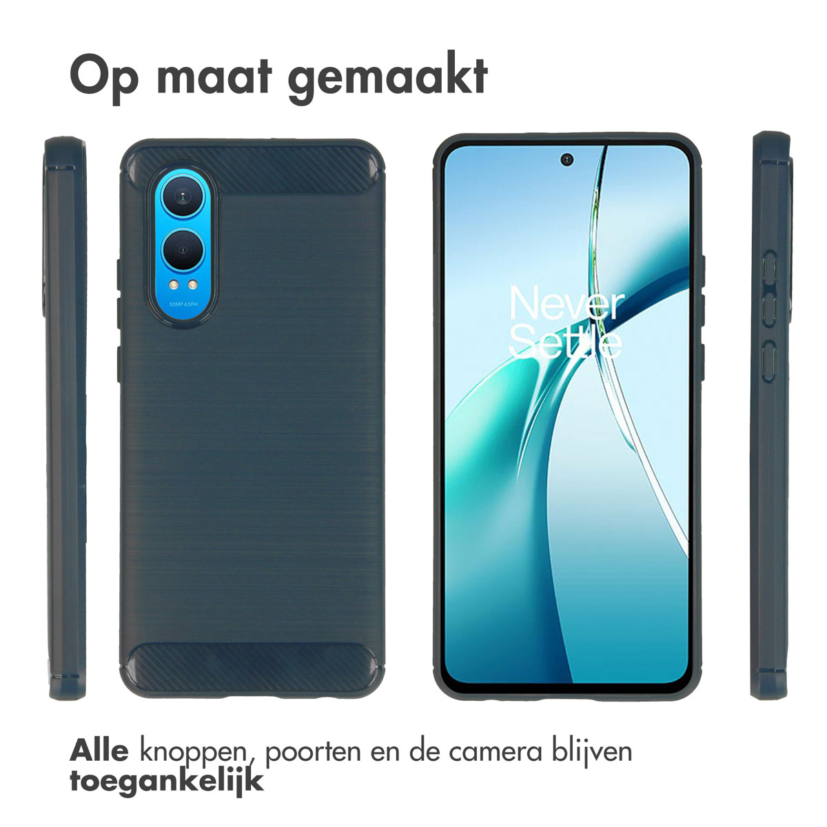 Telefoonhoesje met meerdere weergaven. Tekst: "Op maat gemaakt". Zwarte en blauwe kleuren.