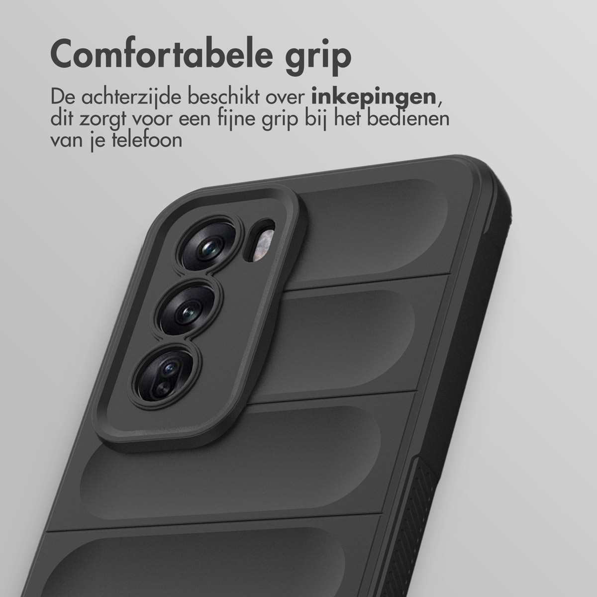 Close-up van een zwarte telefoonhoes die het gestructureerde oppervlak en de camera-uitsparing laat zien.