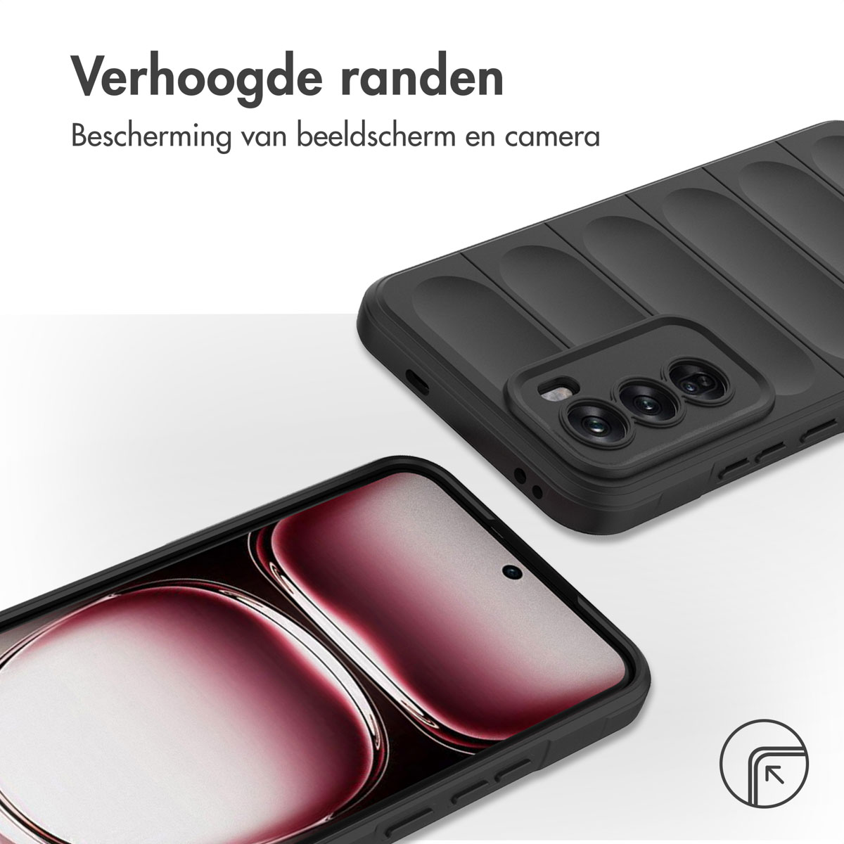 Een zwarte telefoonhoes met verhoogde randen, die het scherm en de camera van een telefoon beschermt, op een witte achtergrond.