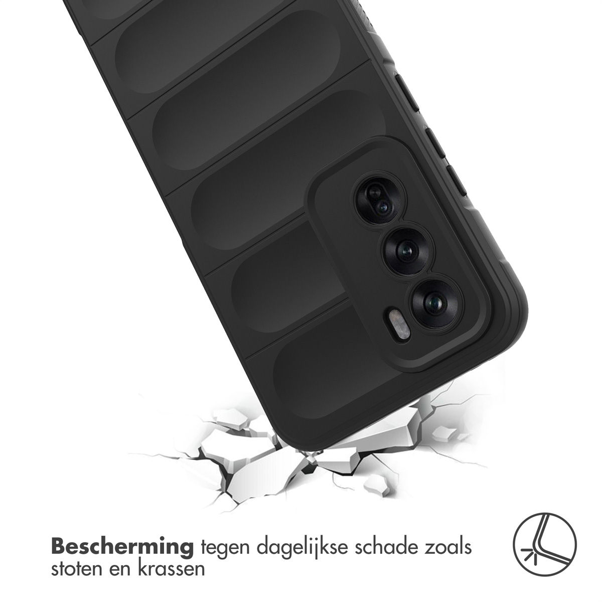 Een zwarte telefoonhoes met een telefoon bovenop een gebroken oppervlak. Witte achtergrond.