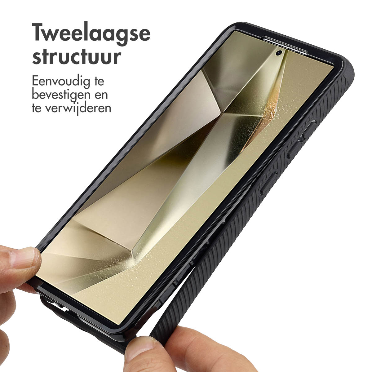 Black phone case with phone inside. A hand is holding a stylus.