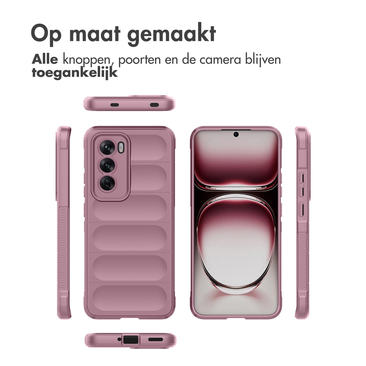 Custodia rosa per telefono con pulsanti, porte e fotocamera accessibili. Custodia in diverse viste.