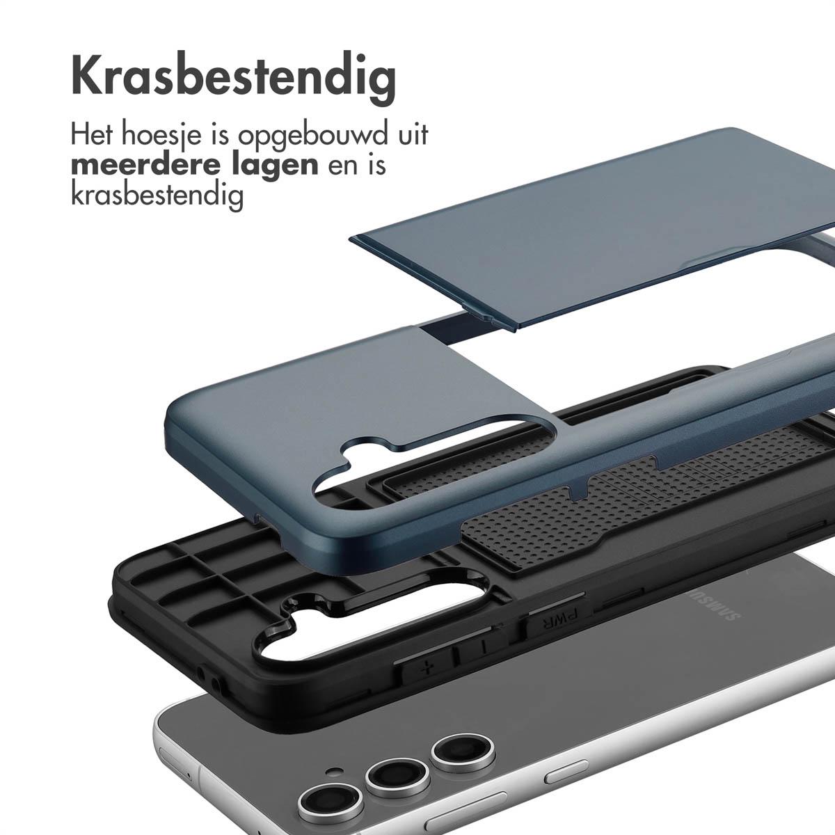 Exploded view van een telefoonhoesje. Toont lagen en tekst over krasbestendigheid.