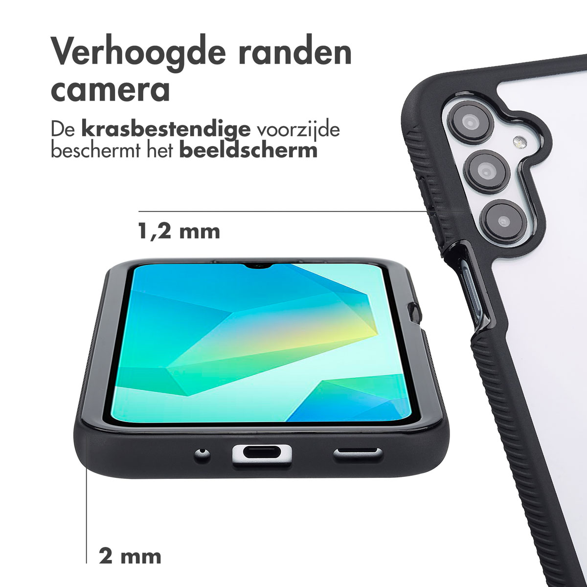 Coque de téléphone noire, affichant l'écran. Texte : 'Verhoogde randen camera'.