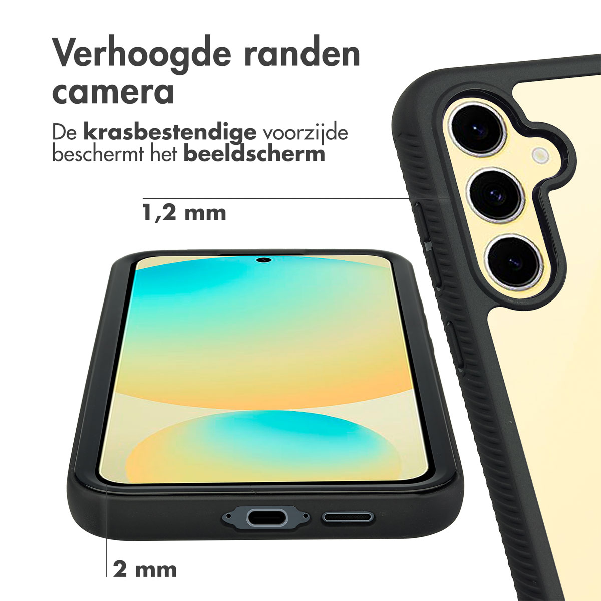 Gros plan sur une coque de téléphone avec cadre noir, protection de caméra et dos doré.
