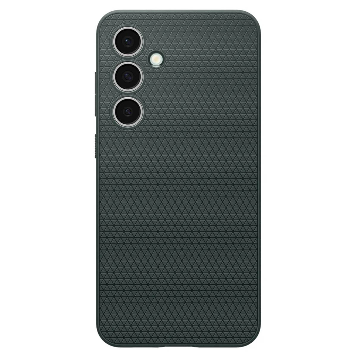 Retro telefono grigio scuro con tre fotocamere e flash, superficie strutturata.