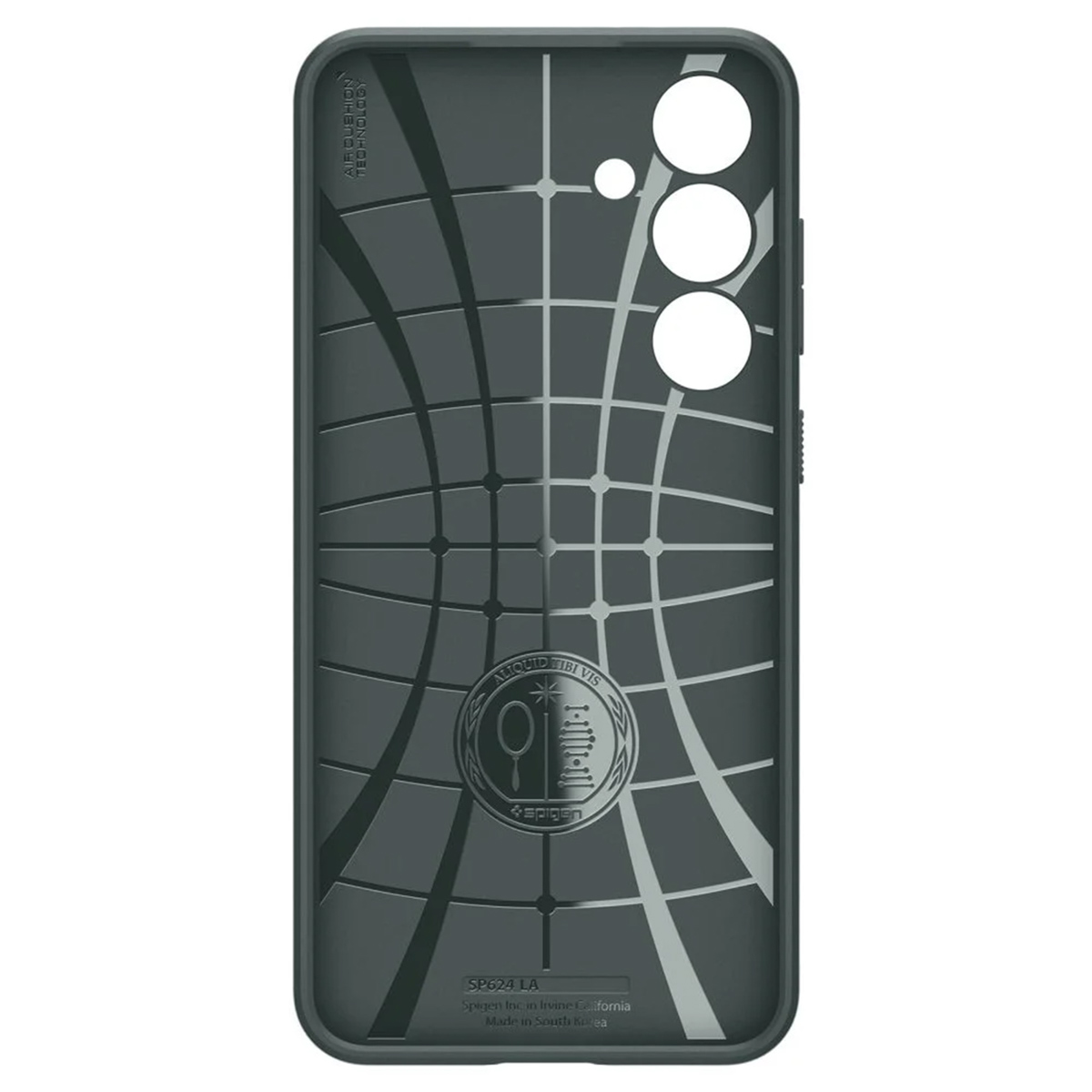 Primo piano di una custodia nera per telefono con un design geometrico e il logo Spigen.
