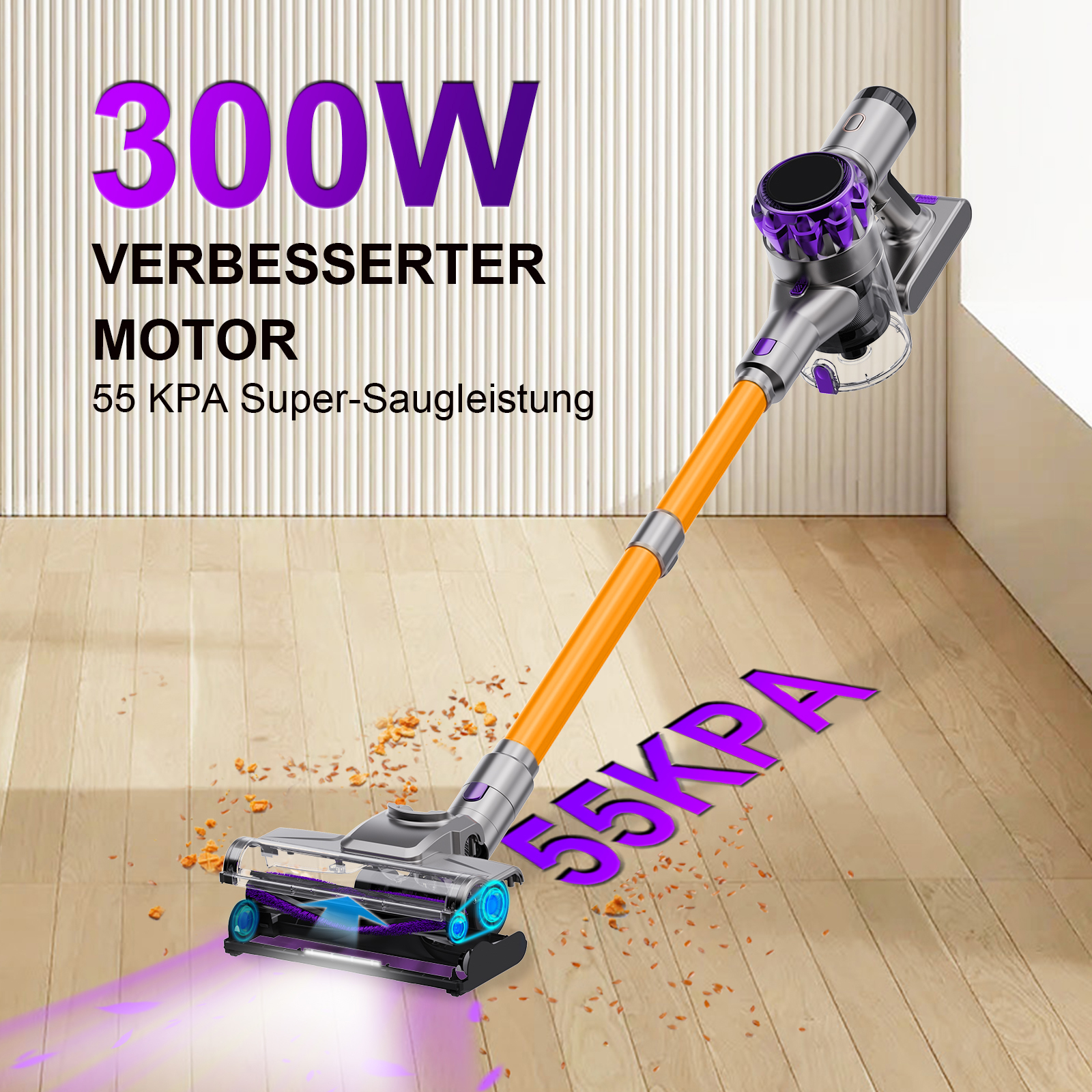 Ein kabelloser Staubsauger in Orange und Grau, mit Text, der Leistung und Saugkraft angibt.