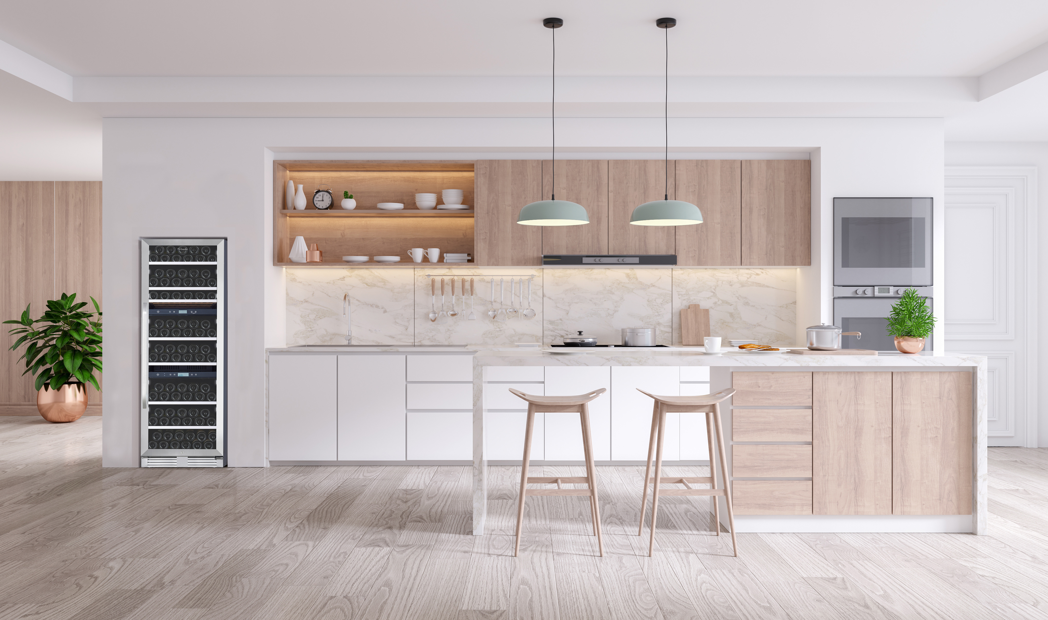 Una cocina moderna con gabinetes de madera, una isla y una vinoteca.