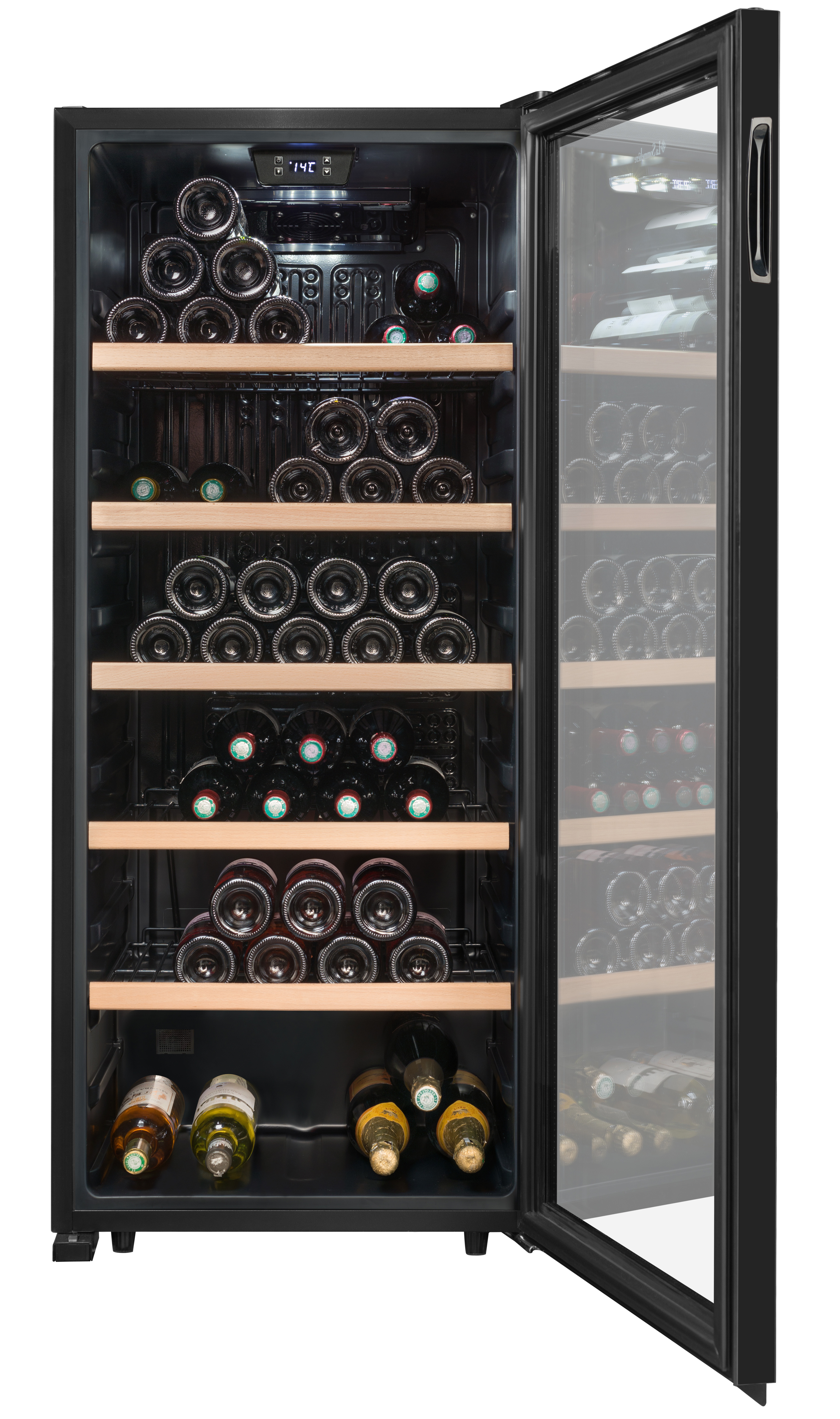 Una vinoteca con botellas de vino visibles a través de la puerta de cristal y en el interior.