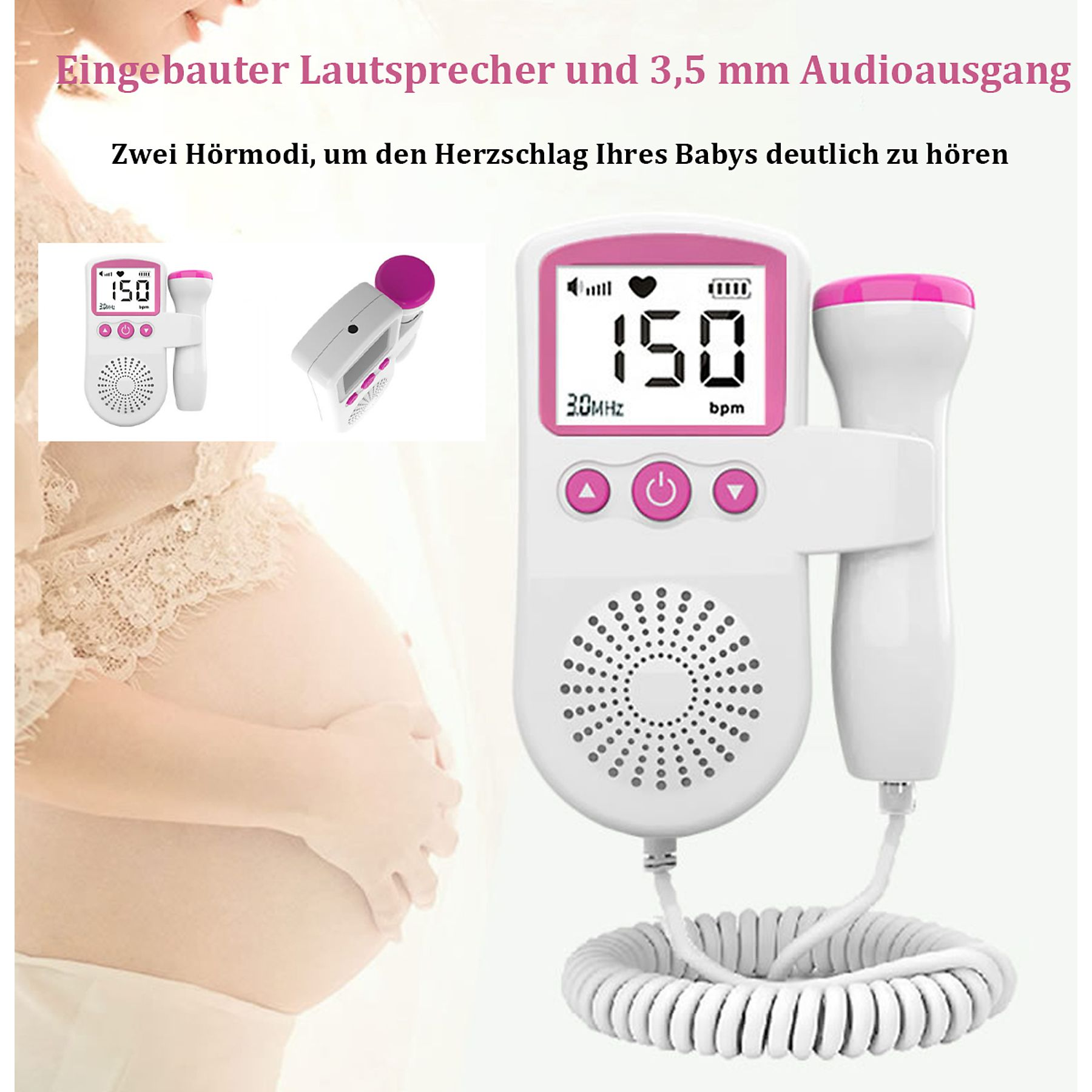 Fetal-Doppler-Gerät mit Messwerten. Weißes und rosa Design. Hintergrund zeigt Babybauch.