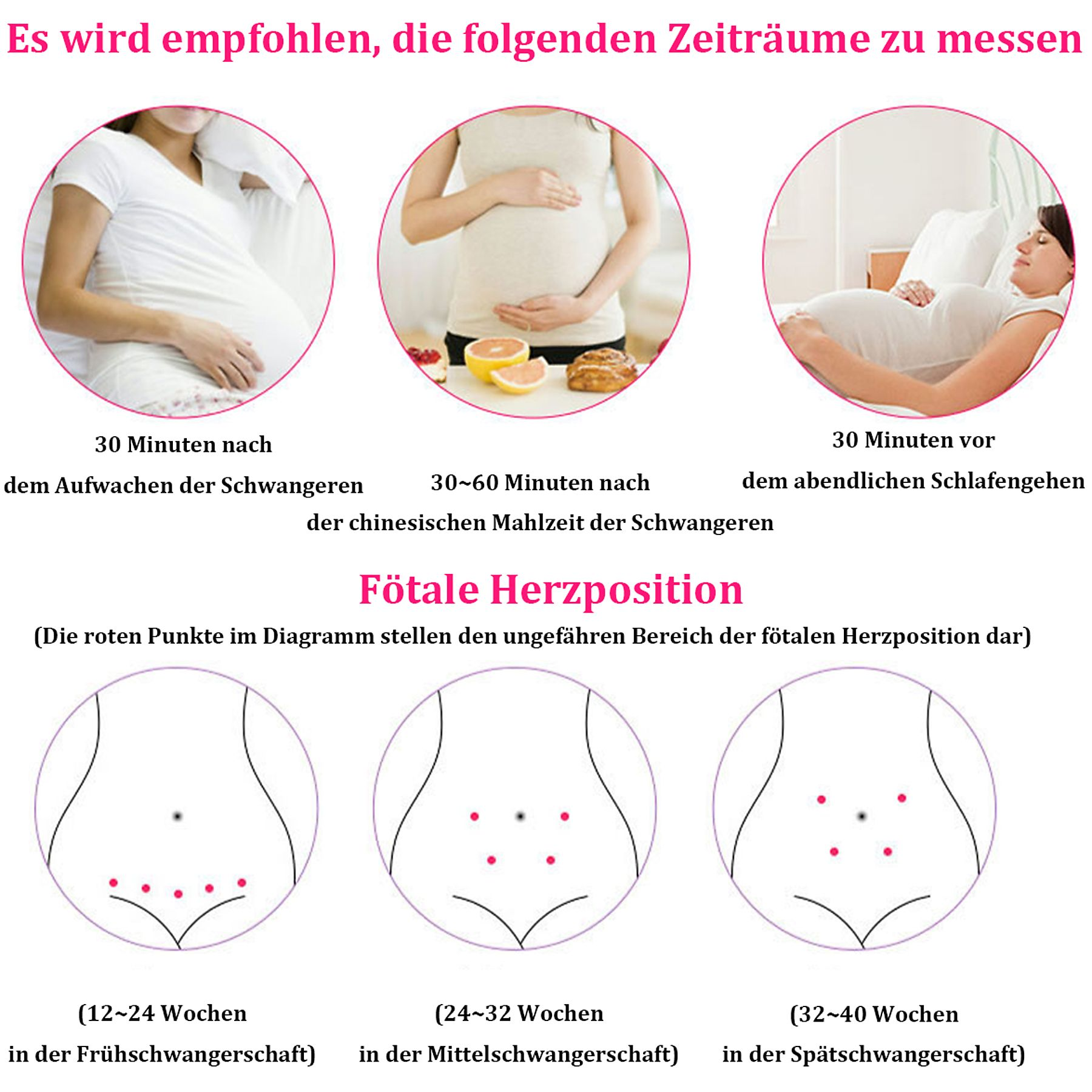 Diagramm, das die fetale Herzposition in verschiedenen Schwangerschaftsstadien zeigt. Außerdem werden drei schwangere Frauen gezeigt.