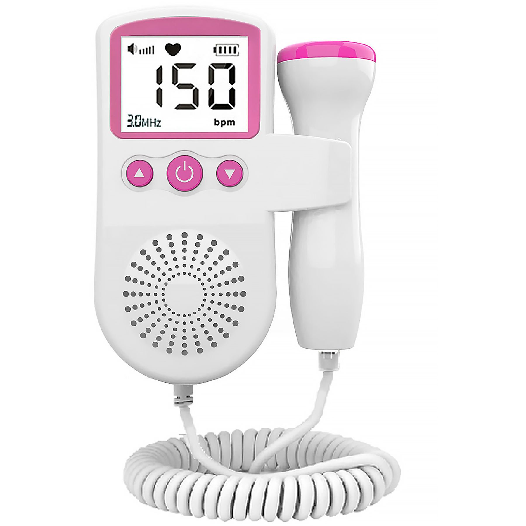 Ein fetaler Doppler mit digitaler Anzeige der Herzfrequenz. Es ist weiß mit rosa Akzenten.