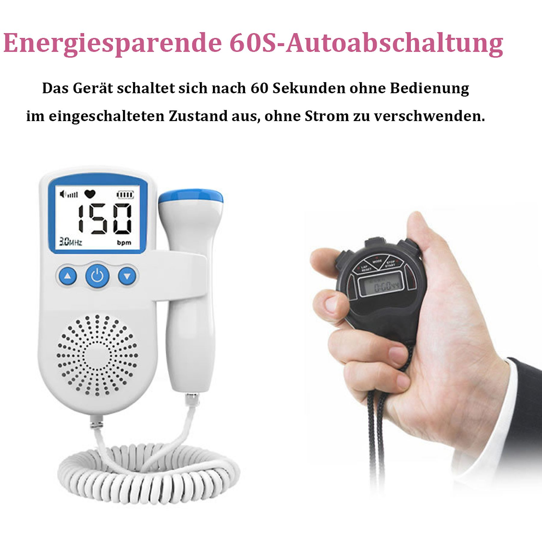 Medizinisches Gerät mit Messwerten und eine Hand, die eine schwarze Stoppuhr hält.