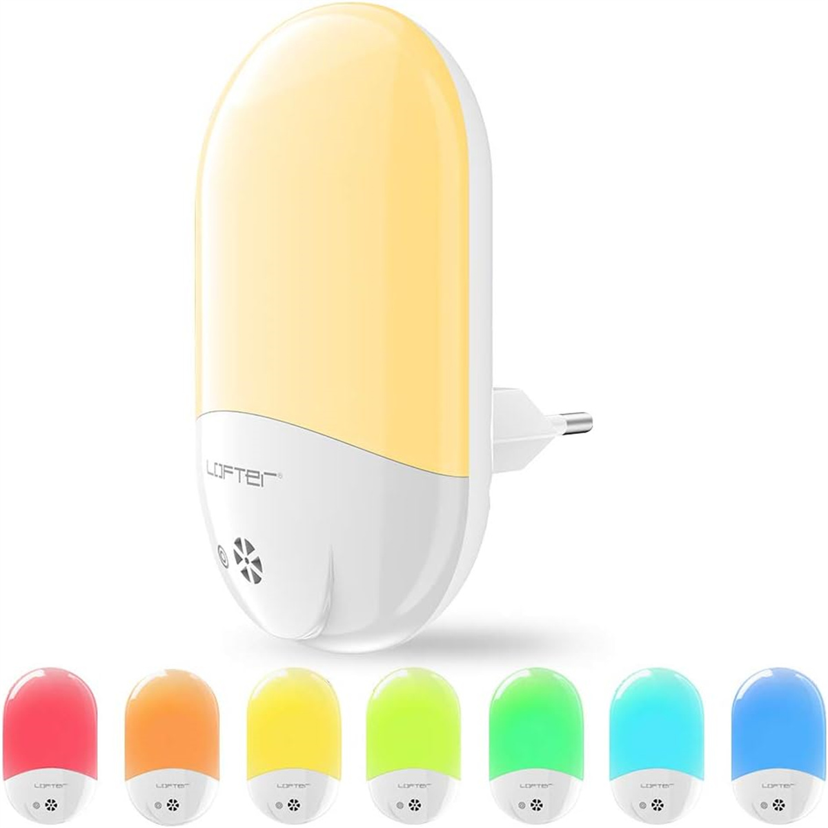 Ein weißes Nachtlicht mit einstellbaren Farben. Sieben Lichter sind in verschiedenen Farben sichtbar.