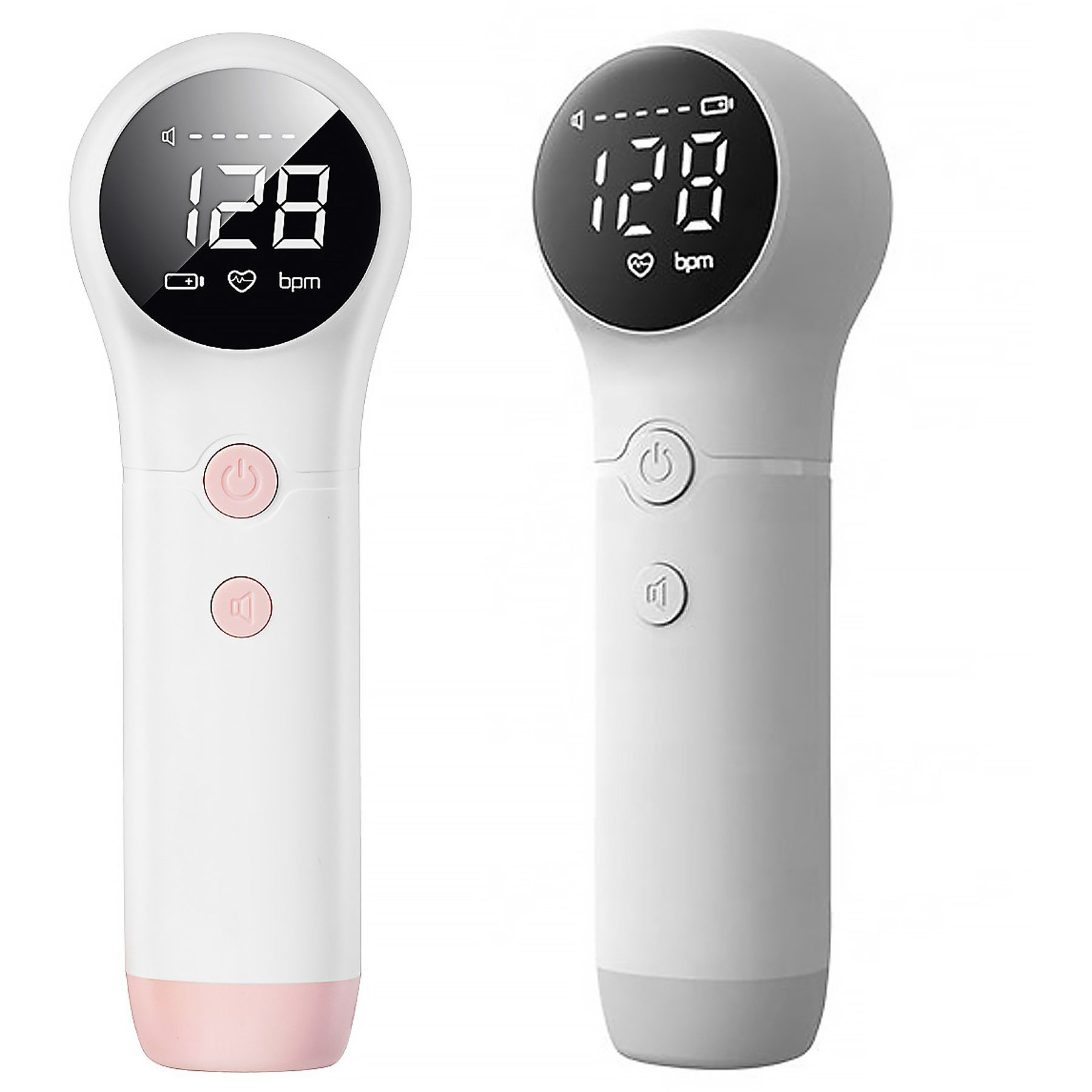 Zwei Hand-Fetaldoppler zeigen 128 bpm auf dem Display, in Weiß und Rosa.