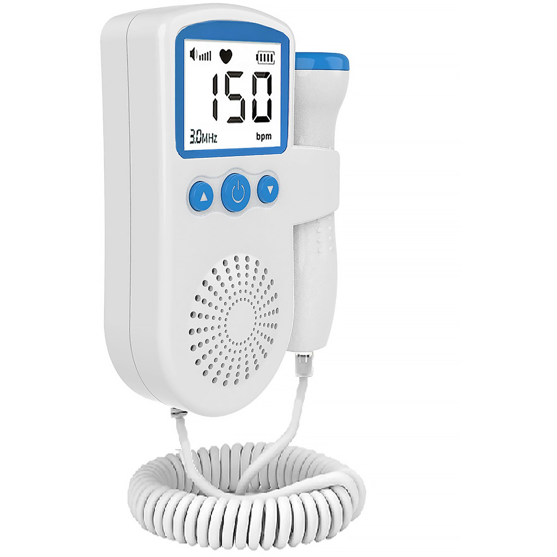 Weißer fetaler Doppler mit Herzfrequenzanzeige. Ein weißes Kabel ist darunter aufgerollt.