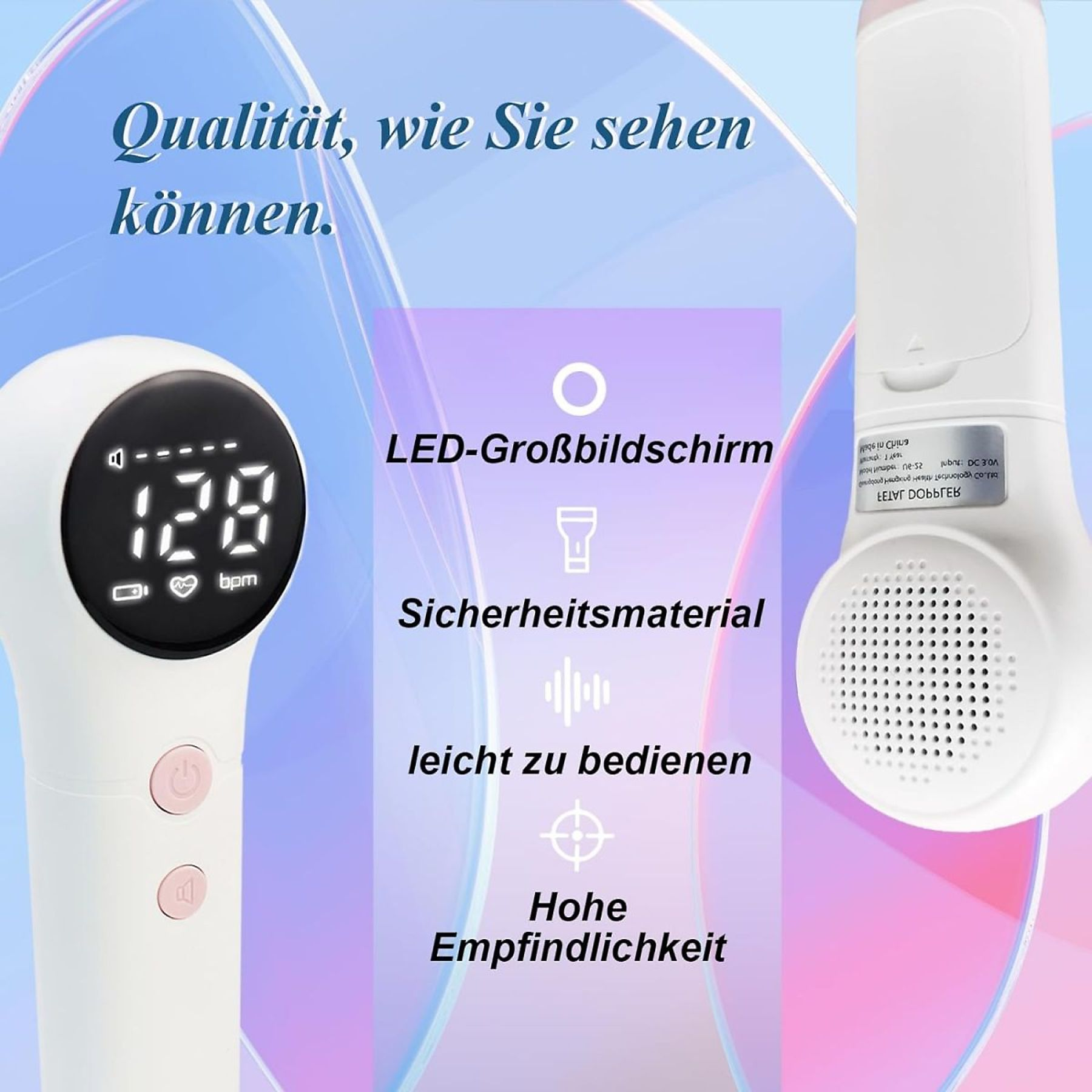 Medizinisches Gerät mit Bildschirm. Der Bildschirm zeigt Zahlen an. Text im Hintergrund zeigt Details.
