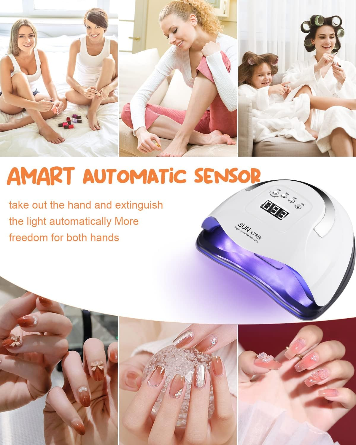 Ein Nageltrockner mit Frauen, die Nagellack auftragen. Text: AMART AUTOMATIC SENSOR. Nägel mit Verzierungen sind zu sehen.