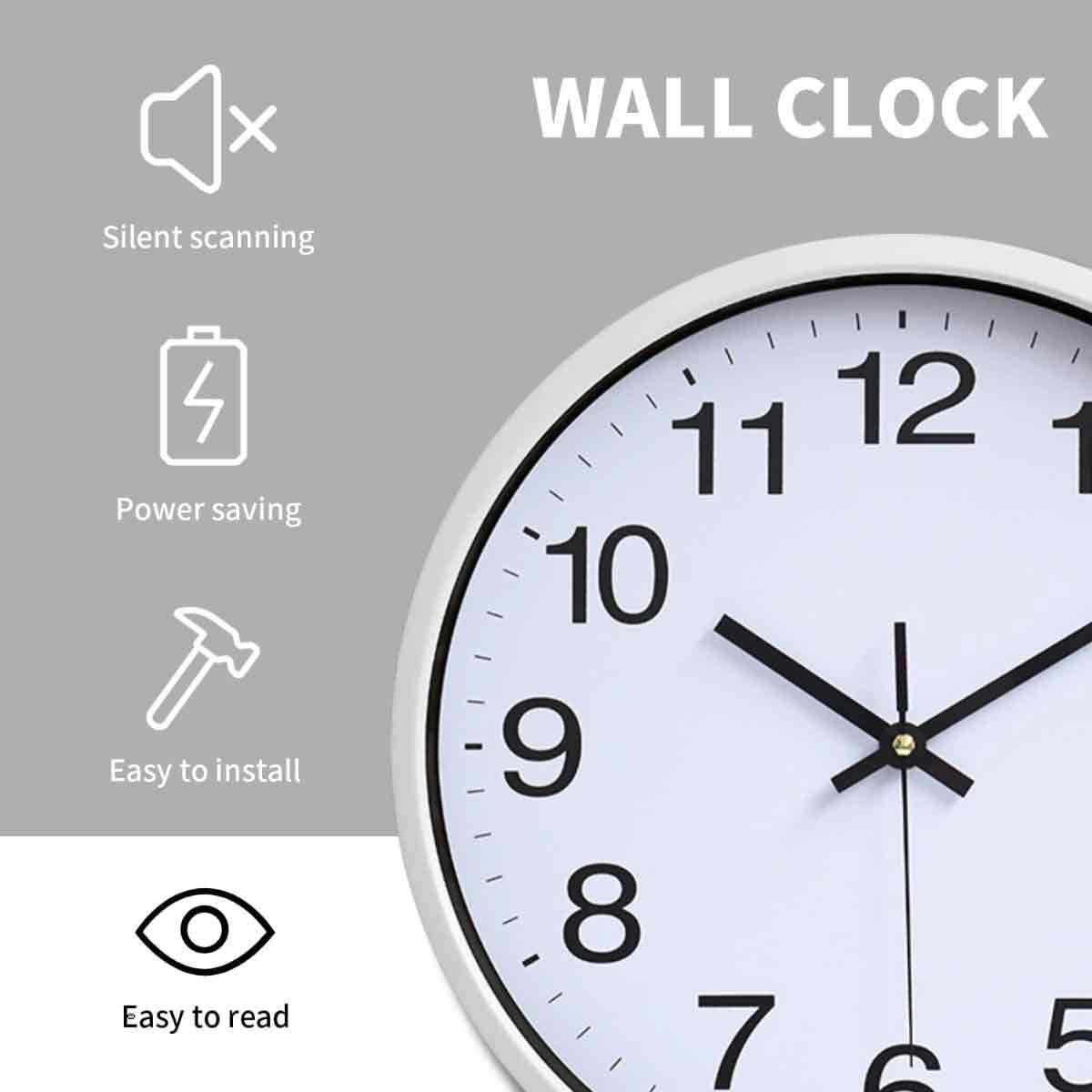 Weiße Wanduhr mit schwarzen Zahlen und Zeigern, umgeben von Symbolen.